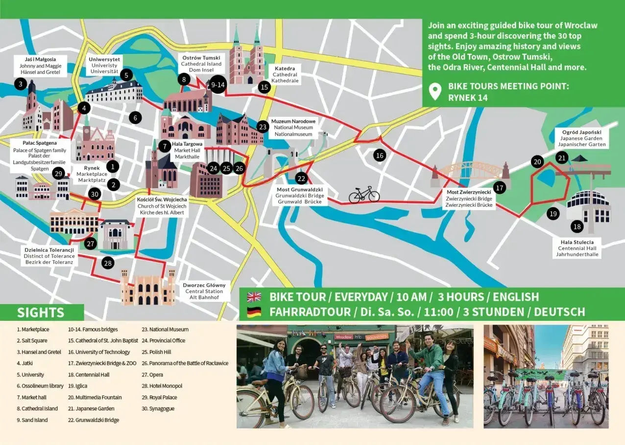 Mapa Wrocławia z zaznaczoną trasą rowerową na 3 dni. Odkryj Rynek, Ostrów Tumski i inne atrakcje.
