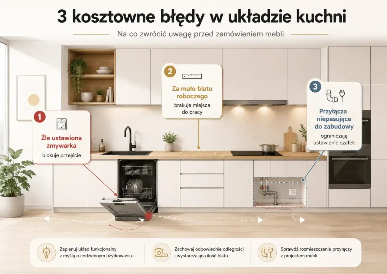 Projektowanie kuchni online: błędy w układzie - źle ustawiona zmywarka, za mało blatu roboczego, niepasujące przyłącza.