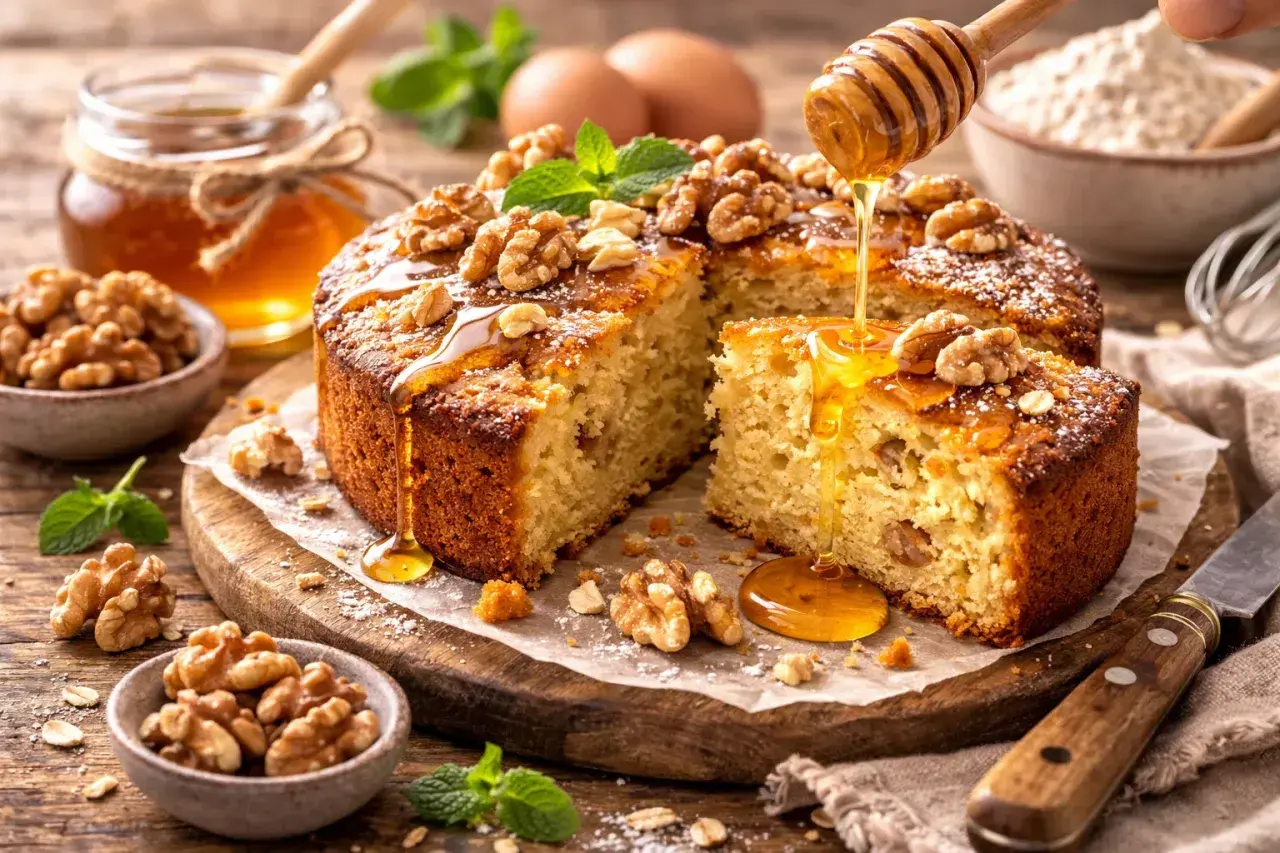 Un gâteau aux noix, arrosé de miel doré, parfait pour une recette gâteau moelleux. Des ingrédients frais et une touche de menthe complètent ce délice.