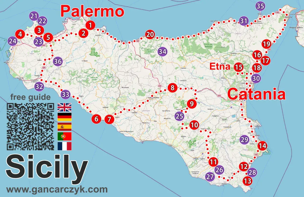 Mapa Sycylii z zaznaczonymi punktami turystycznymi, trasą i nazwami miast Palermo i Katania.