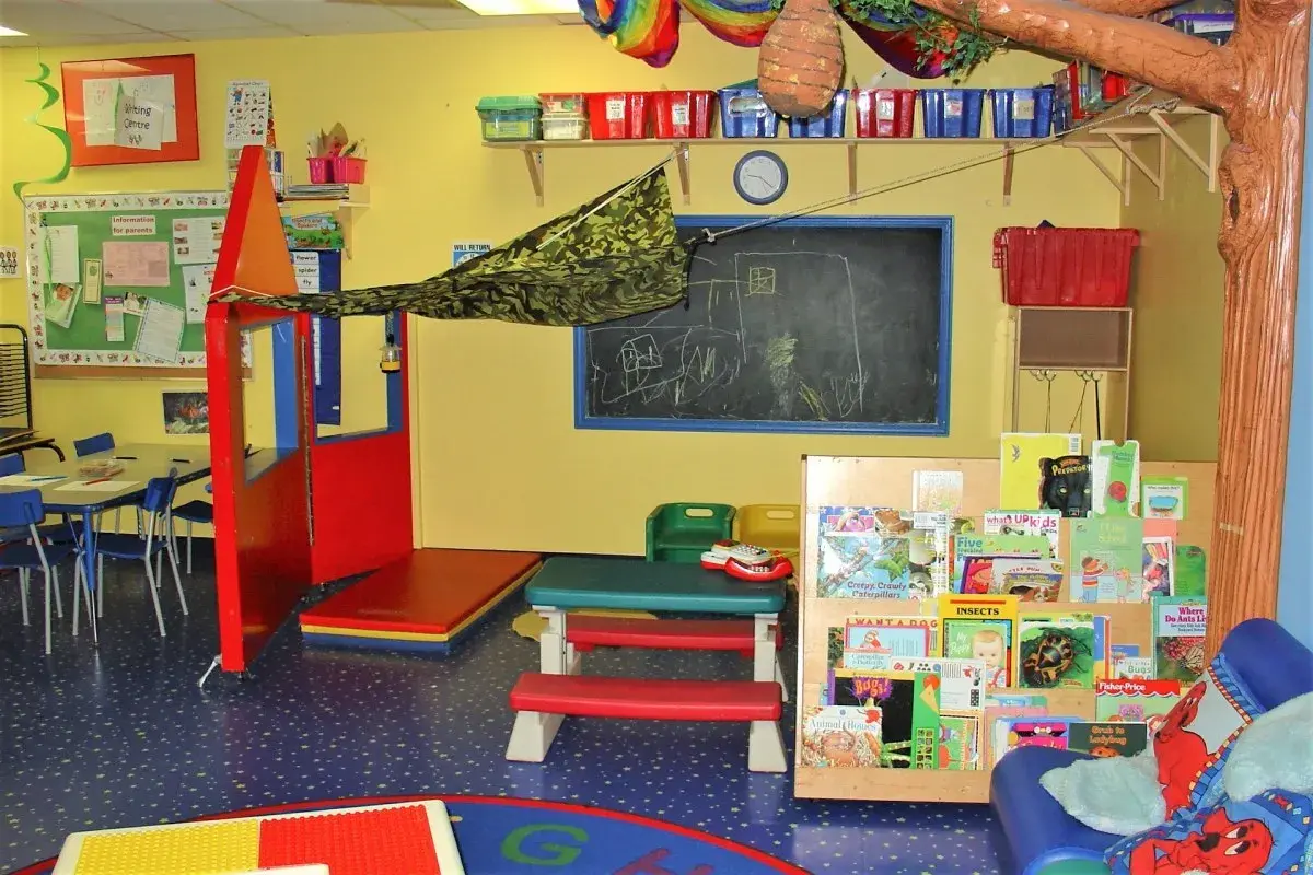 Ein farbenfroher Gruppenraum mit Spielzeug, Büchern und einer Tafel, der den Raum als dritten Erzieher für Kinder gestaltet.