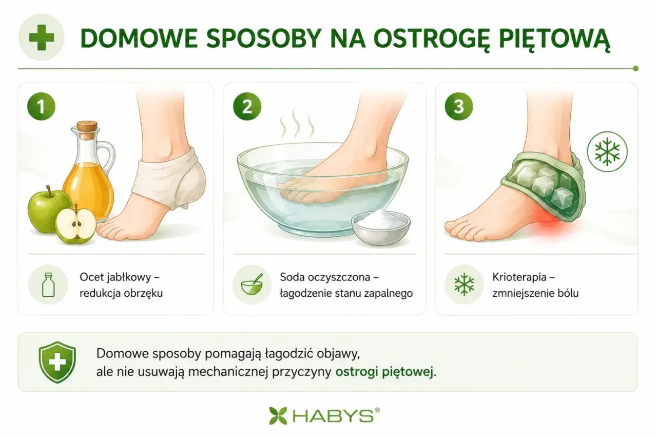 Domowe sposoby na ostrogi piętowe: okład z octu jabłkowego, kąpiel z sodą oczyszczoną, krioterapia. Pomagają łagodzić objawy.