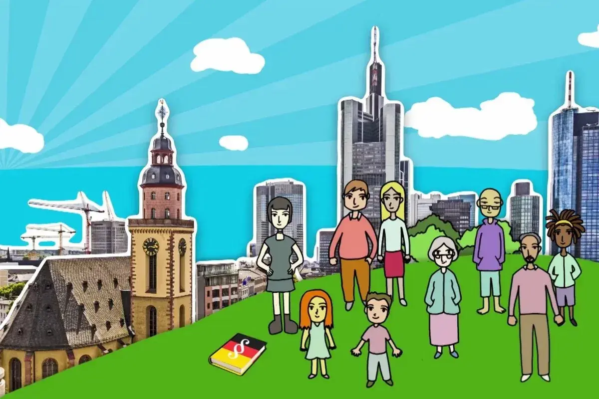 Eine bunte Gruppe von Menschen steht vor einer Skyline, ein Buch mit deutschem Recht liegt daneben. Ein Symbol für das Zusammenleben in Deutschland.