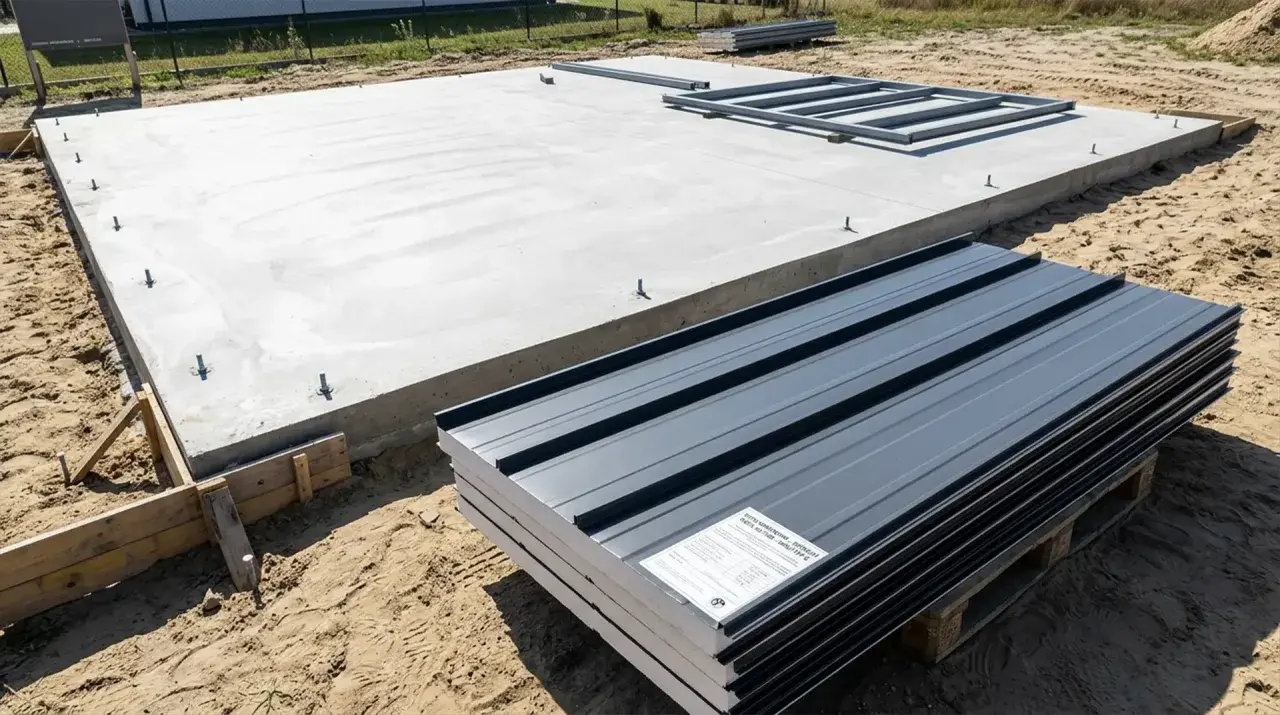 Fundament pod garaż z płyty warstwowej projekt. Betonowa płyta z kotwami i stosem szarych paneli gotowych do montażu.