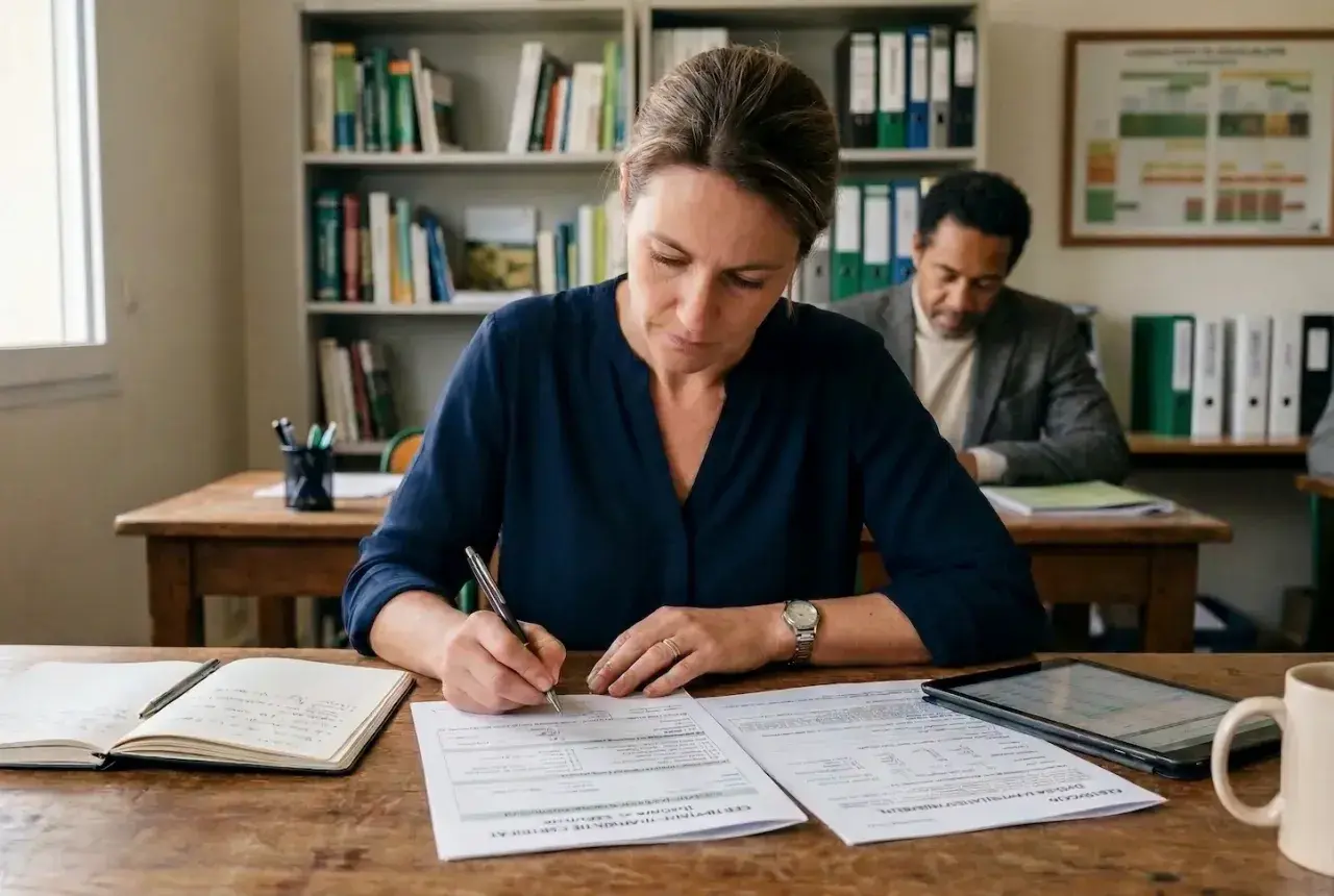 Une femme concentrée rédige un document, peut-être pour un certiphyto conseil, dans une salle de classe avec des étagères remplies de livres.