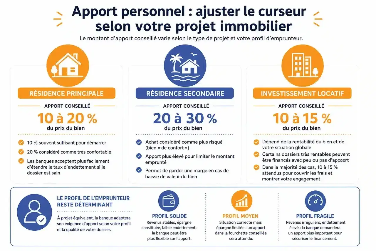 Apport personnel pour un projet immobilier : 10-20% pour résidence principale, 20-30% pour secondaire, 10-15% pour locatif. Le profil de l'emprunteur est clé.