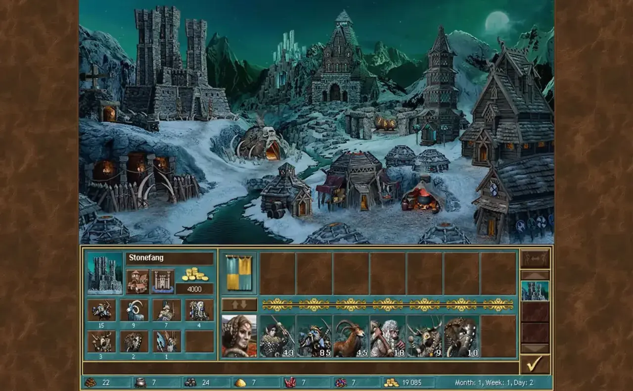 Zimowy krajobraz z zamkiem i wioską w grze Heroes 3, widok interfejsu gry.