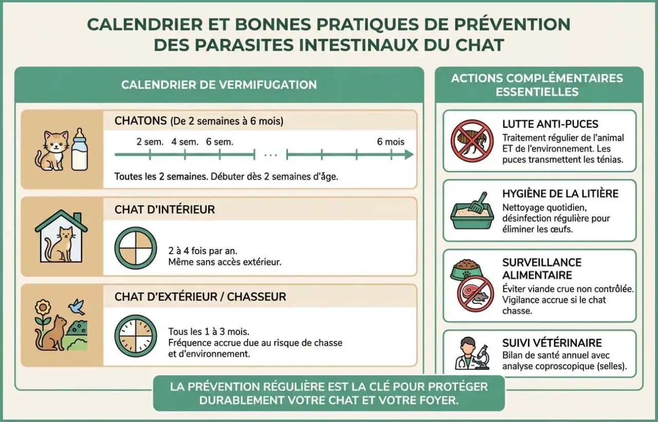 Calendrier de vers chat traitement : vermifugation des chatons, chats d'intérieur et d'extérieur. Actions complémentaires : lutte anti-puces, hygiène, surveillance alimentaire, suivi vétérinaire.