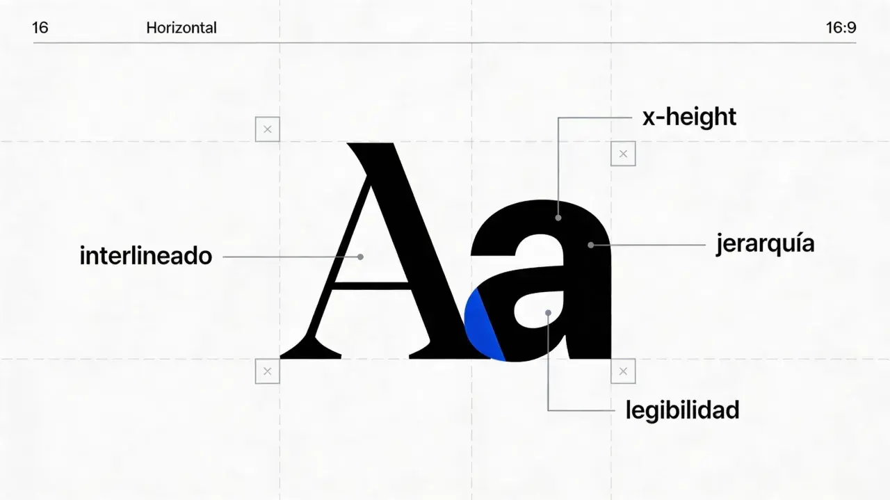 Letras sueltas "Aa" con etiquetas que explican el interlineado, x-height, jerarquía y legibilidad.