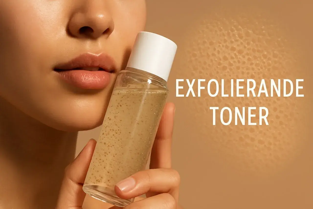 En närbild på en kvinna som håller en flaska med exfolierande toner. Texten "EXFOLIERANDE TONER" syns tydligt.