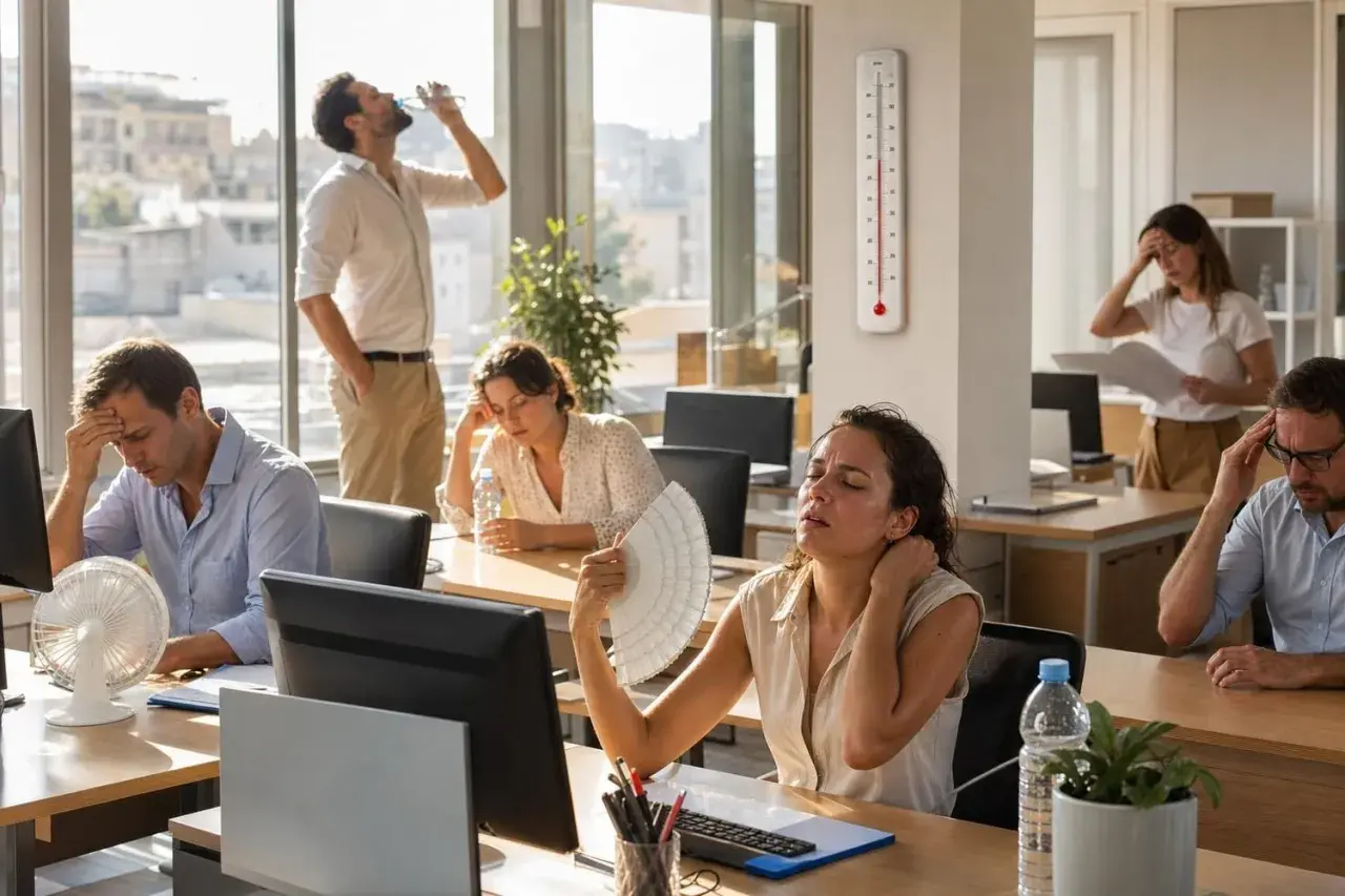La chaleur accablante dans ce bureau rend la loi sur la température intenable. Les employés peinent, ventilateurs et éventails à la main.