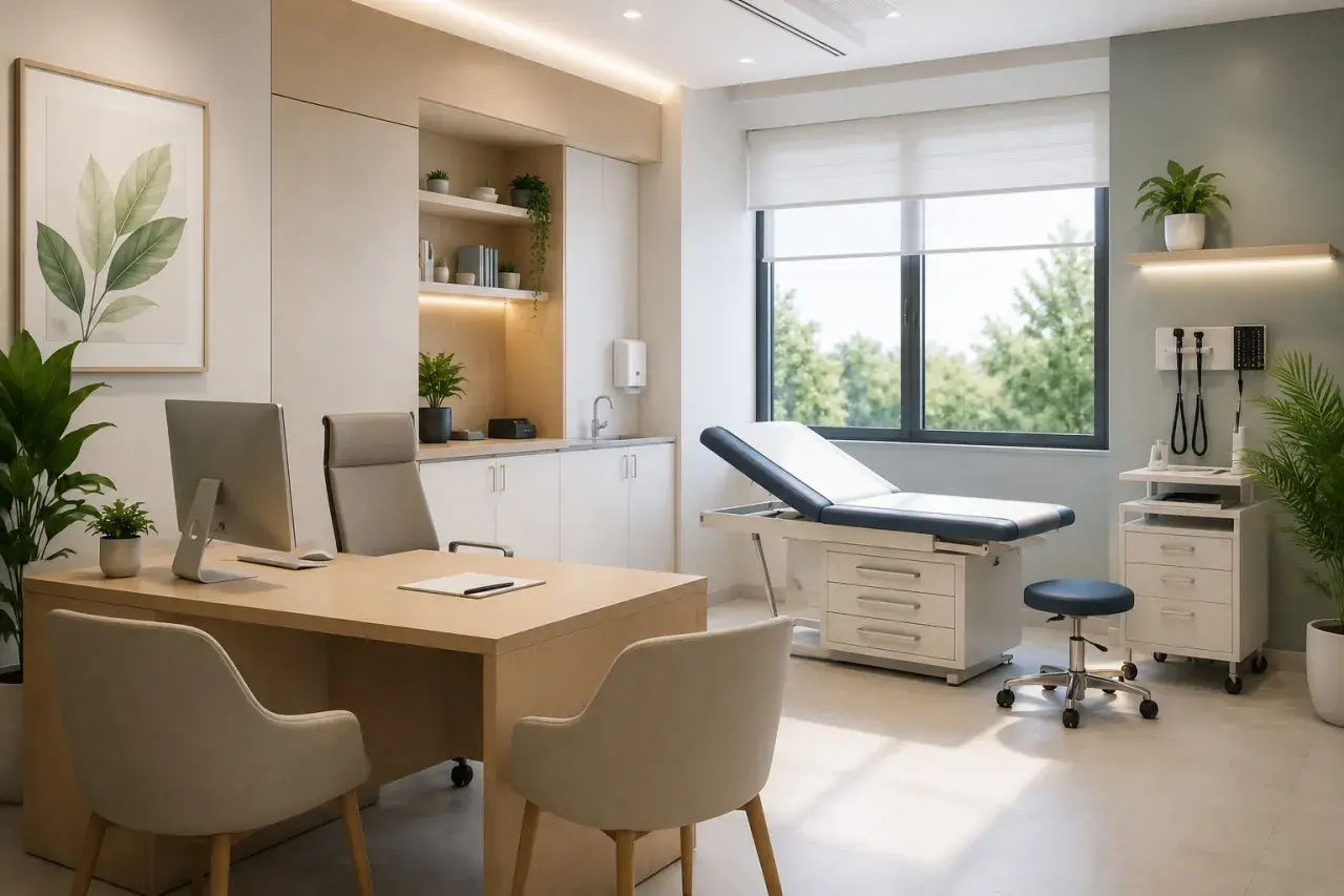 Interno moderno di un **progetto studio medico**: scrivania con computer, lettino visita, sedie e armadietti.