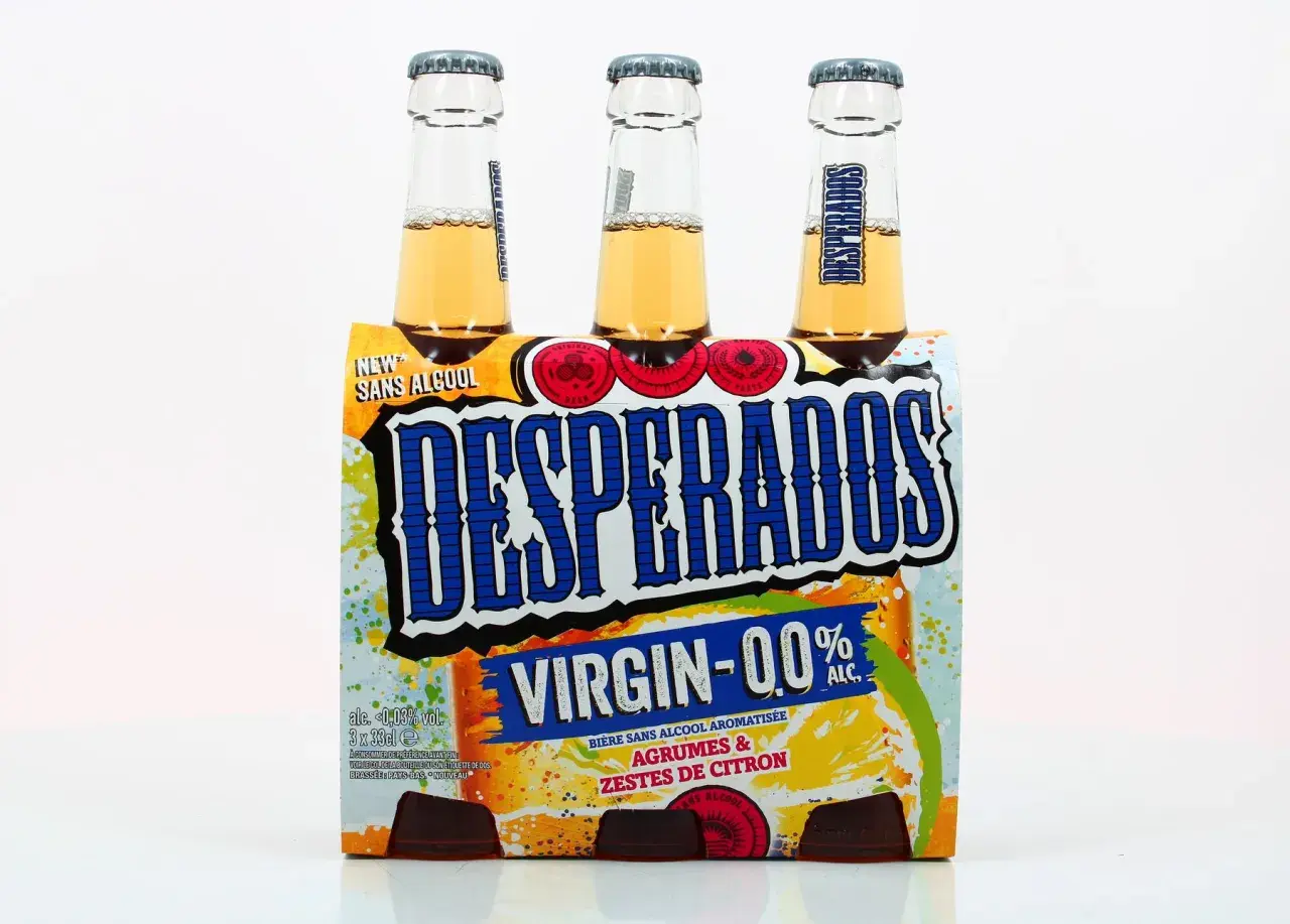 Pack de 3 bières Desperados Virgin 0.0% alc. Agrumes & Zestes de Citron. Une bière sans alcool pour profiter du goût sans l'alcool dans bière sans alcool.