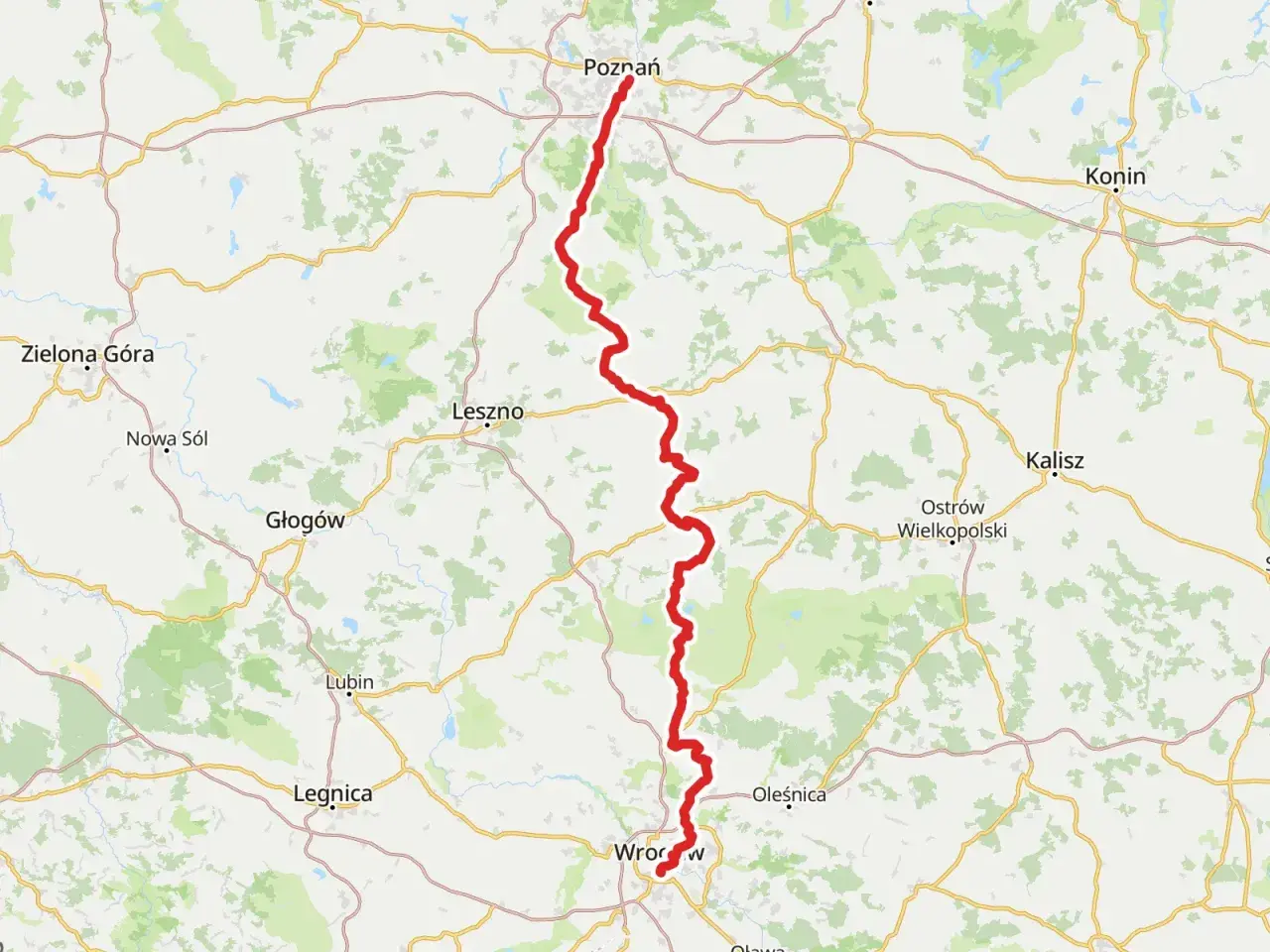 Trasa z Wrocławia do Poznania, zaznaczona na czerwono, przebiega przez Leszno i inne miasta.