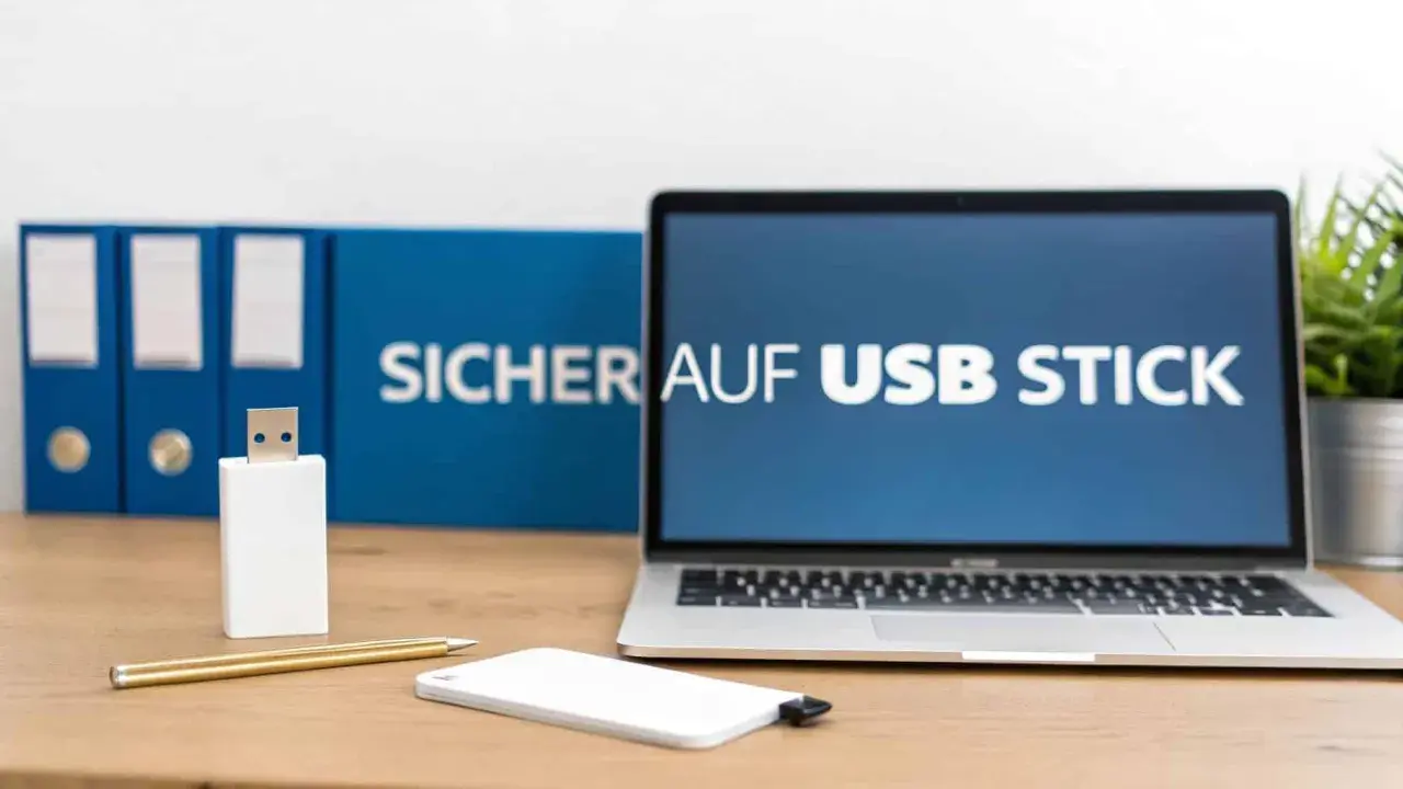 Laptop mit "Sicher auf USB Stick" auf dem Bildschirm. Ein weißer USB-Stick und eine externe Festplatte liegen auf dem Schreibtisch.