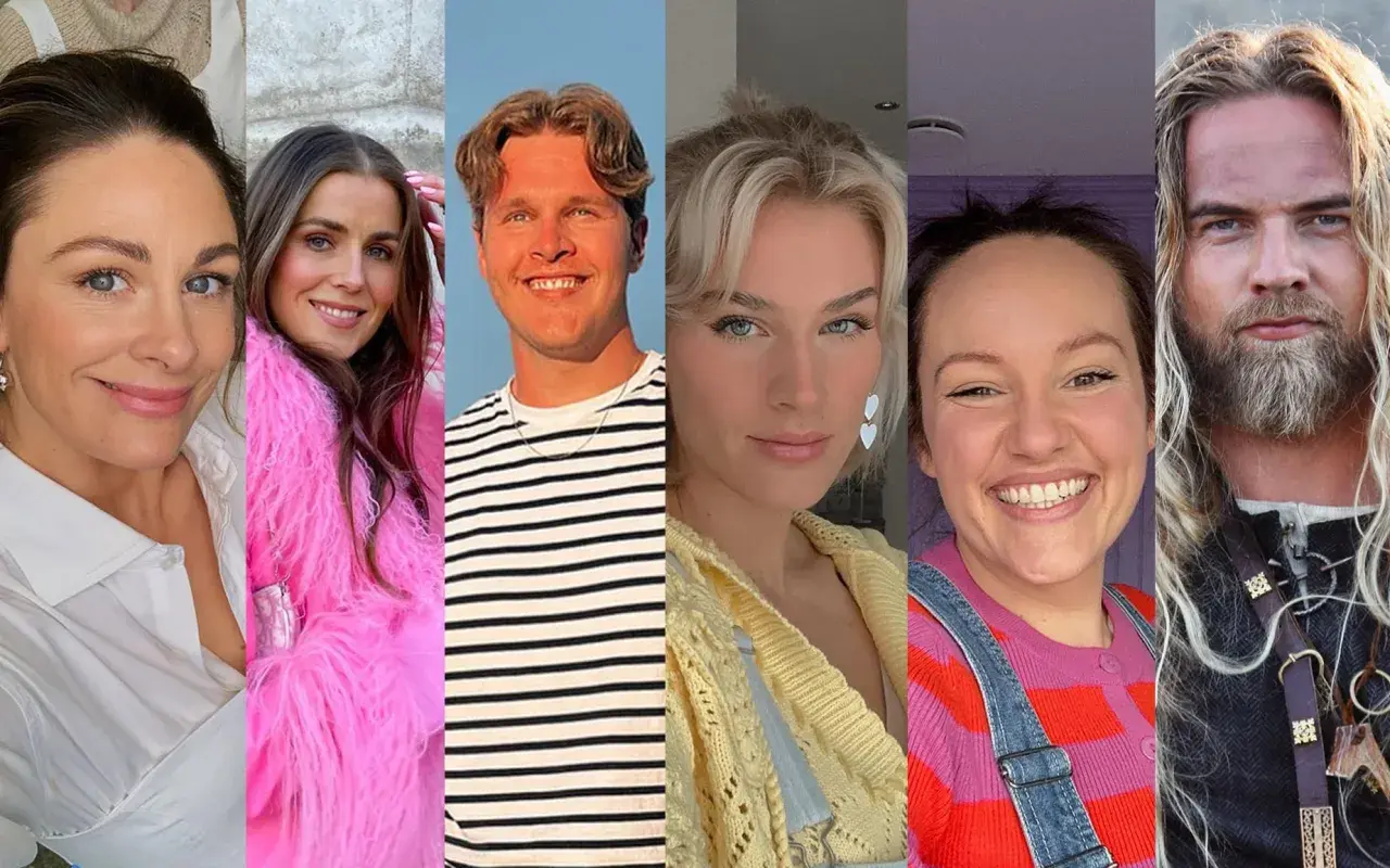 Collage med sex norska influencers. Från vänster: en kvinna i vit skjorta, en i rosa fuskpäls, en man i randig tröja, en kvinna med blont hår, en i färgglad tröja och hängselbyxor, samt en man med långt blont hår och skägg.