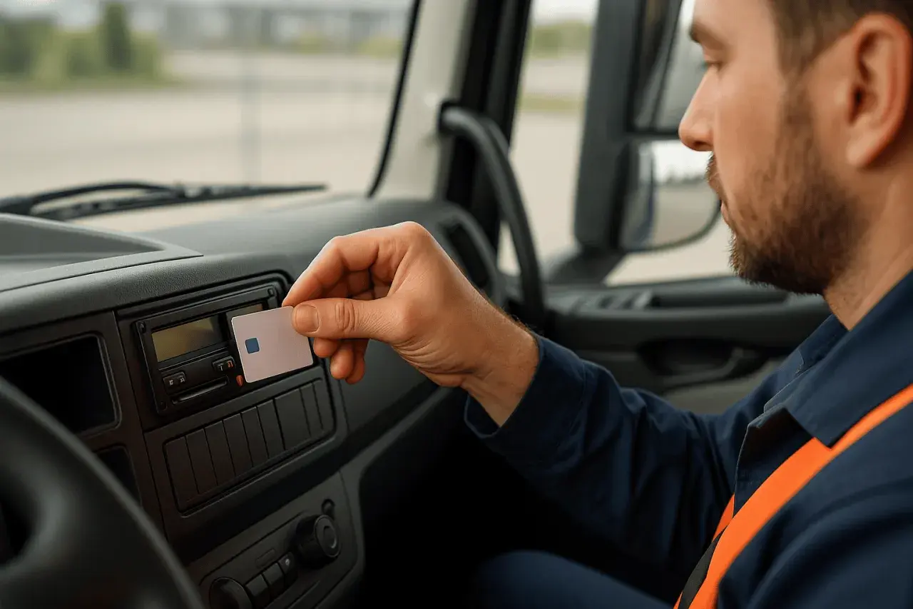 Un chauffeur insère sa carte dans le tachygraphe pour le contrôle carte conducteur 28 jours.