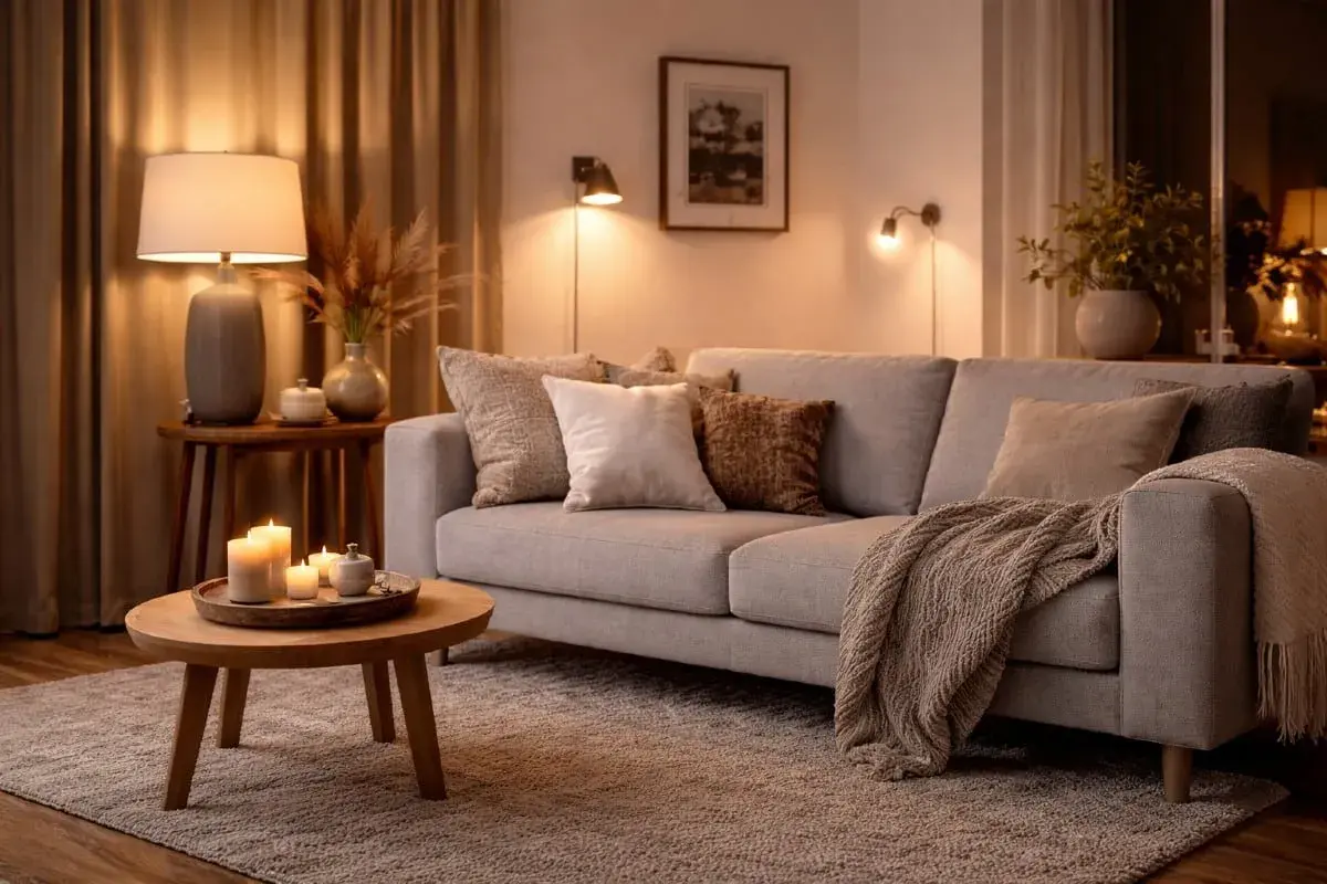 Mysig soffa med kuddar och pläd. En golvlampa bakom soffan ger ett varmt sken. Ljus och dekorationer på soffbordet.