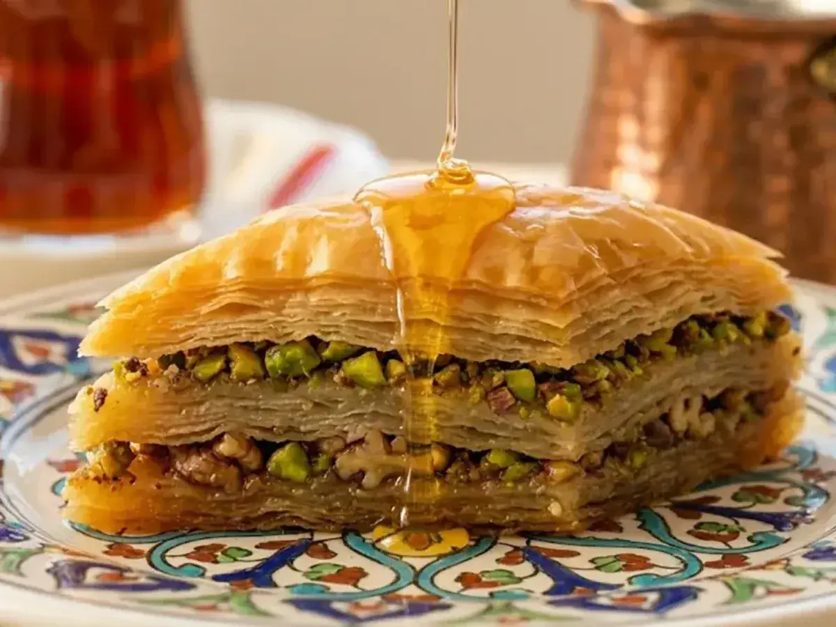 Delizioso baklava ricetta con strati di pasta fillo, pistacchi e noci, inzuppato in sciroppo dorato.