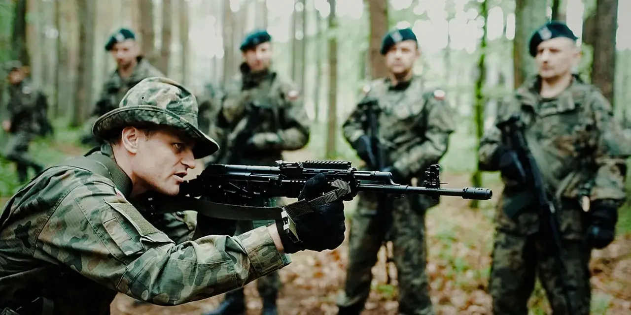 Żołnierze na szkoleniu podstawowym wojsko ćwiczą celowanie z karabinów w lesie.
