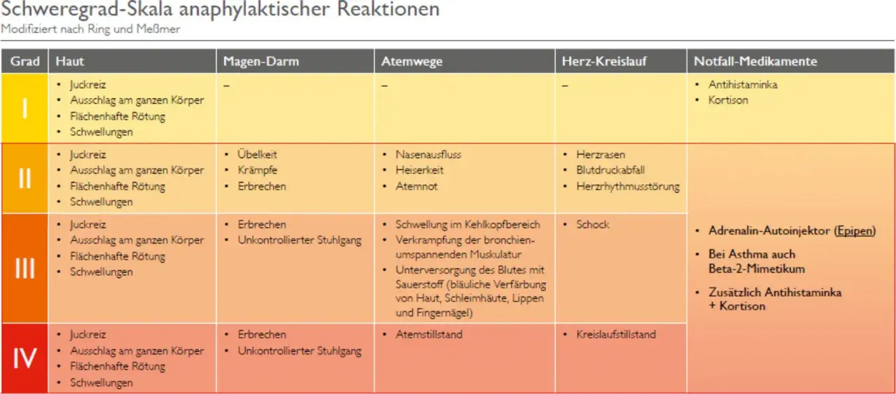 Tabelle zur Einstufung der Schwere einer anaphylaktischen Reaktion. Zeigt Symptome in Haut, Magen-Darm, Atemwegen, Herz-Kreislauf und Notfall-Medikamente.