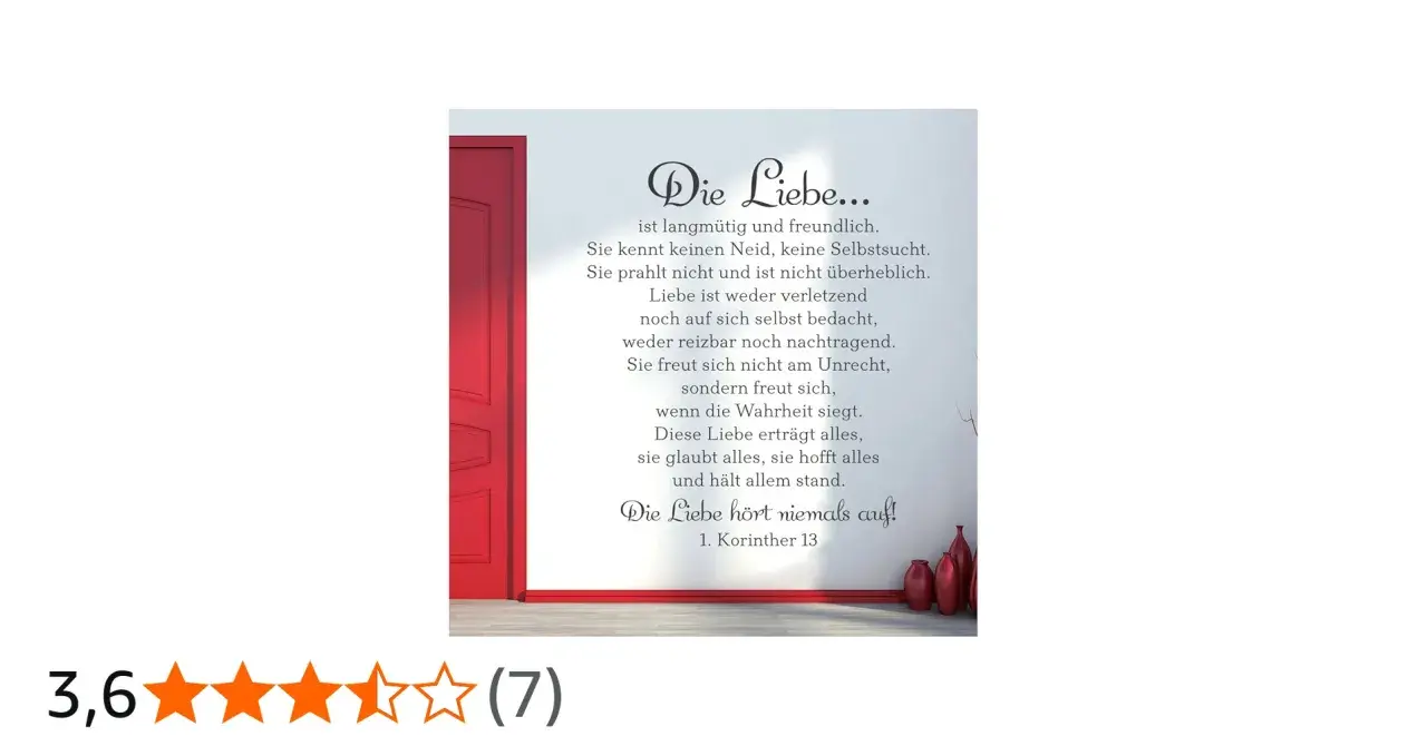 Wandaufkleber mit dem Text aus 1. Korinther 13 über die Liebe, neben einer roten Tür.