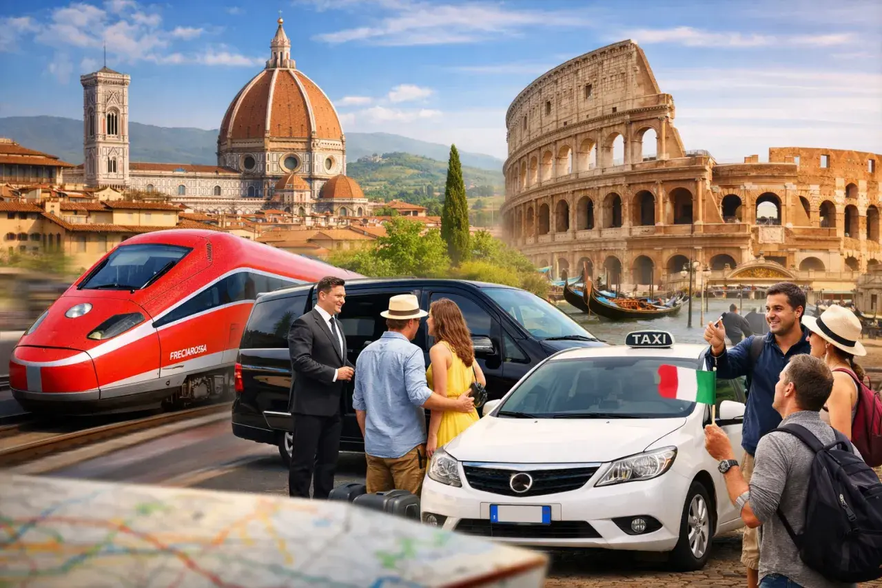 Tourists discuss their travel plans, with a high-speed train, Colosseum, and Florence's Duomo in the background. Should I rent a car in Rome?