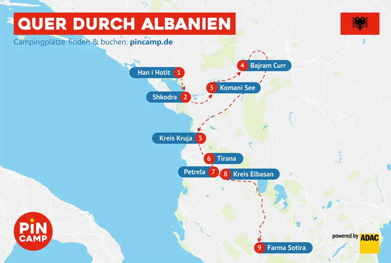 Karte zeigt eine albanien rundreise auf eigene faust mit 9 Stationen, von Han i Hotit bis Farma Sotira.
