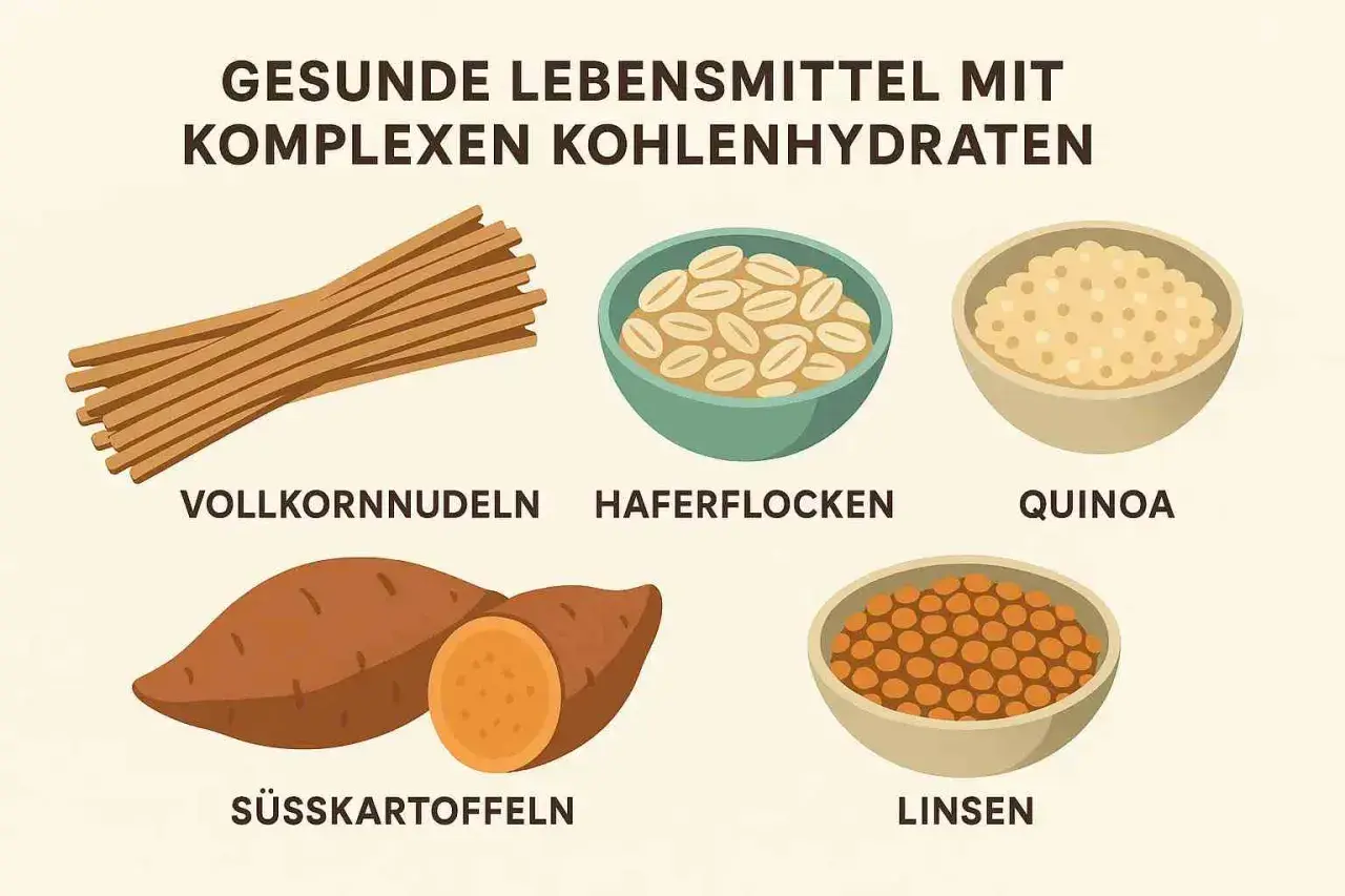 Gesunde Lebensmittel mit komplexen Kohlenhydraten: Vollkornnudeln, Haferflocken, Quinoa, Süßkartoffeln und Linsen. Sie liefern langanhaltende Energie.