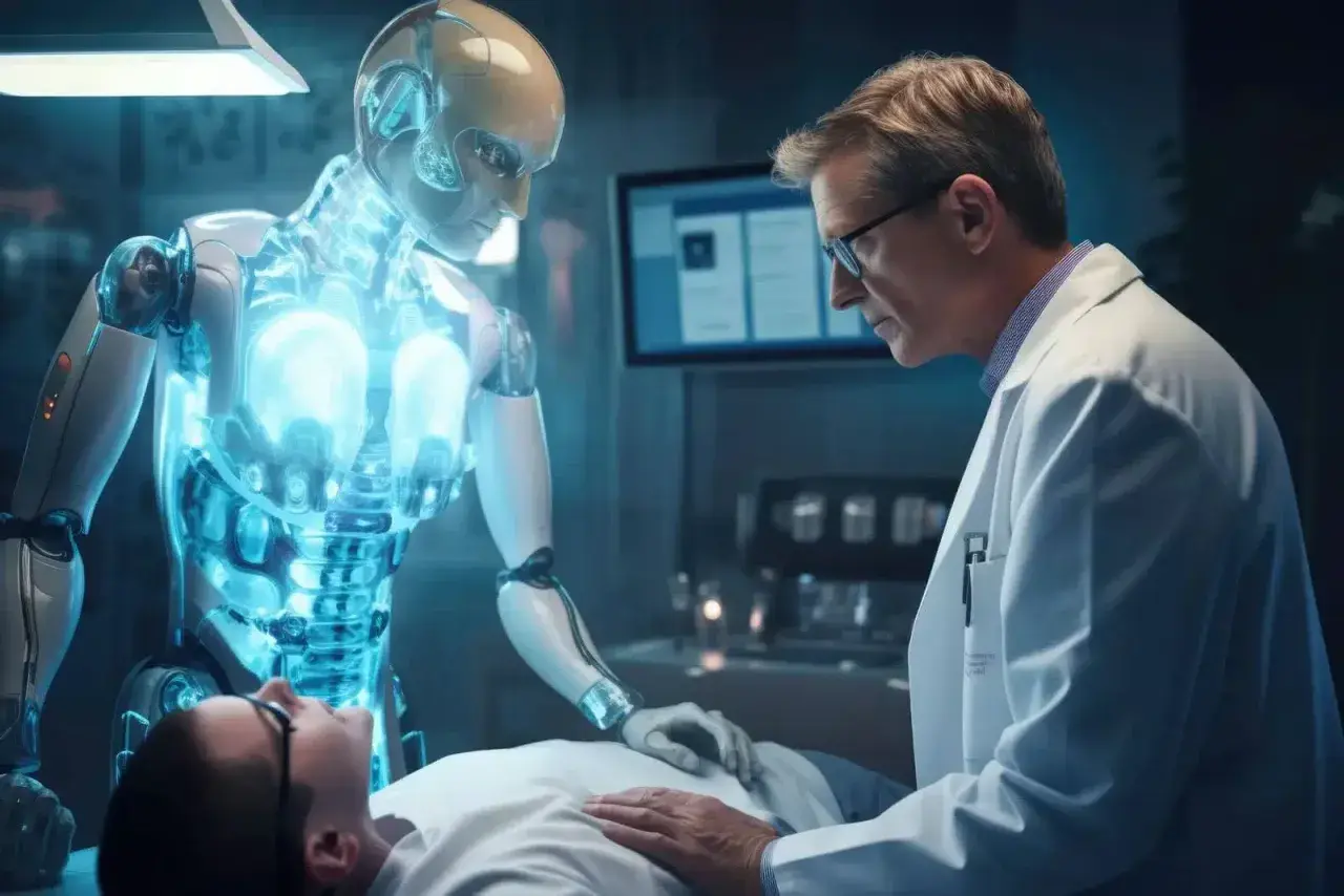 Lekarz i robot współpracują przy pacjencie. Przyszłość medycyny z AI.