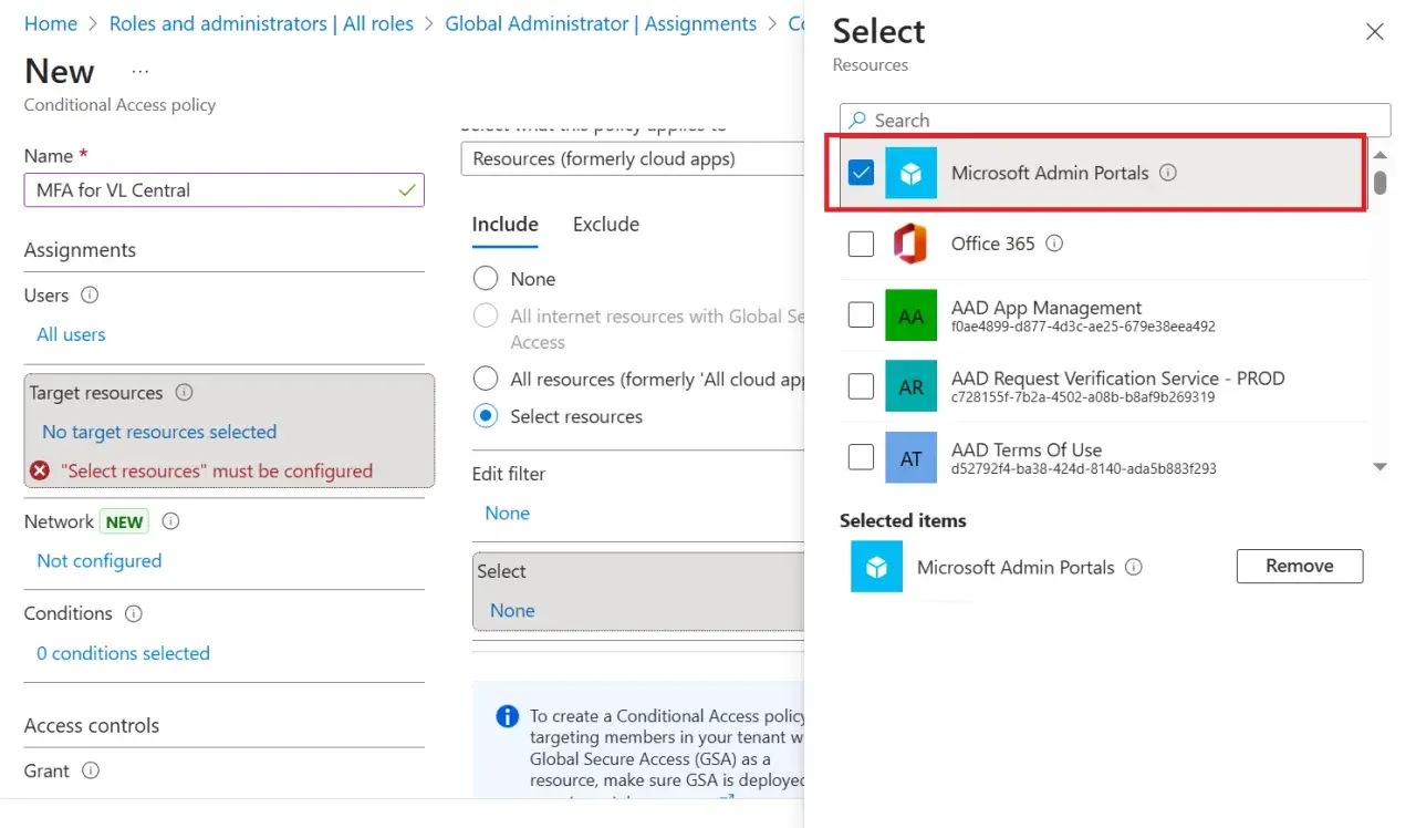 Configuration d'une stratégie d'accès conditionnel pour rendre le **Microsoft MFA obligatoire** pour les portails d'administration Microsoft.