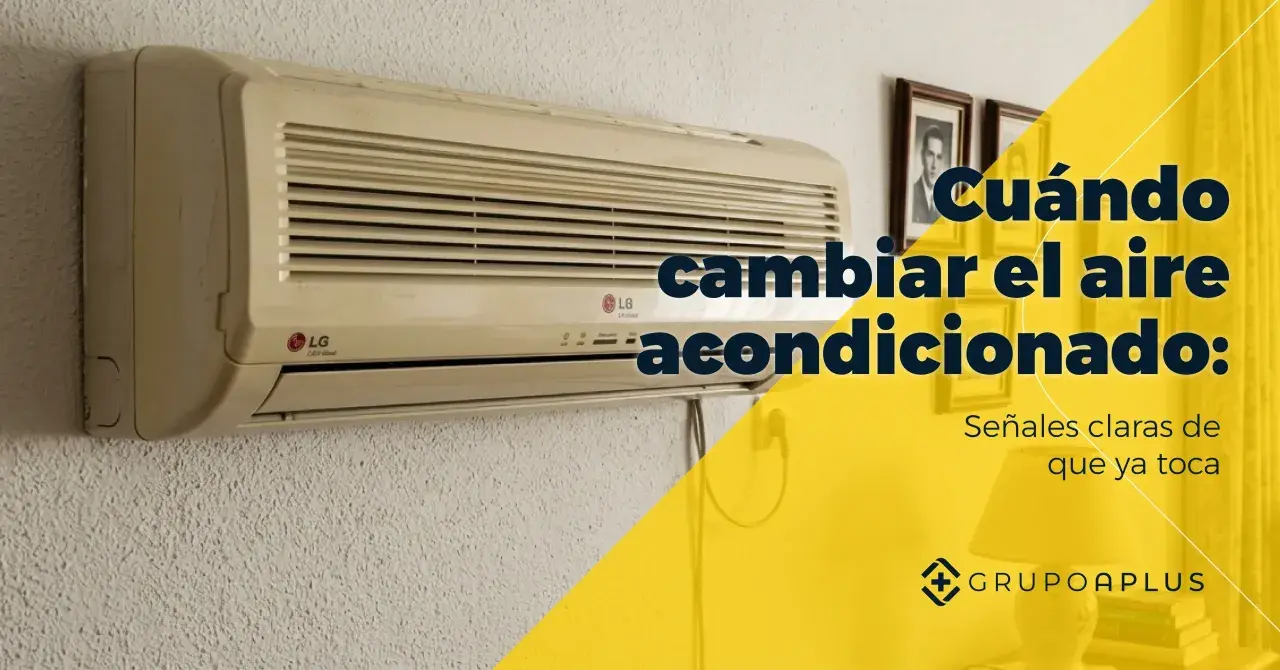 Un aire acondicionado LG colgado en una pared. El texto indica "Cuándo cambiar el aire acondicionado: Señales claras de que ya toca".