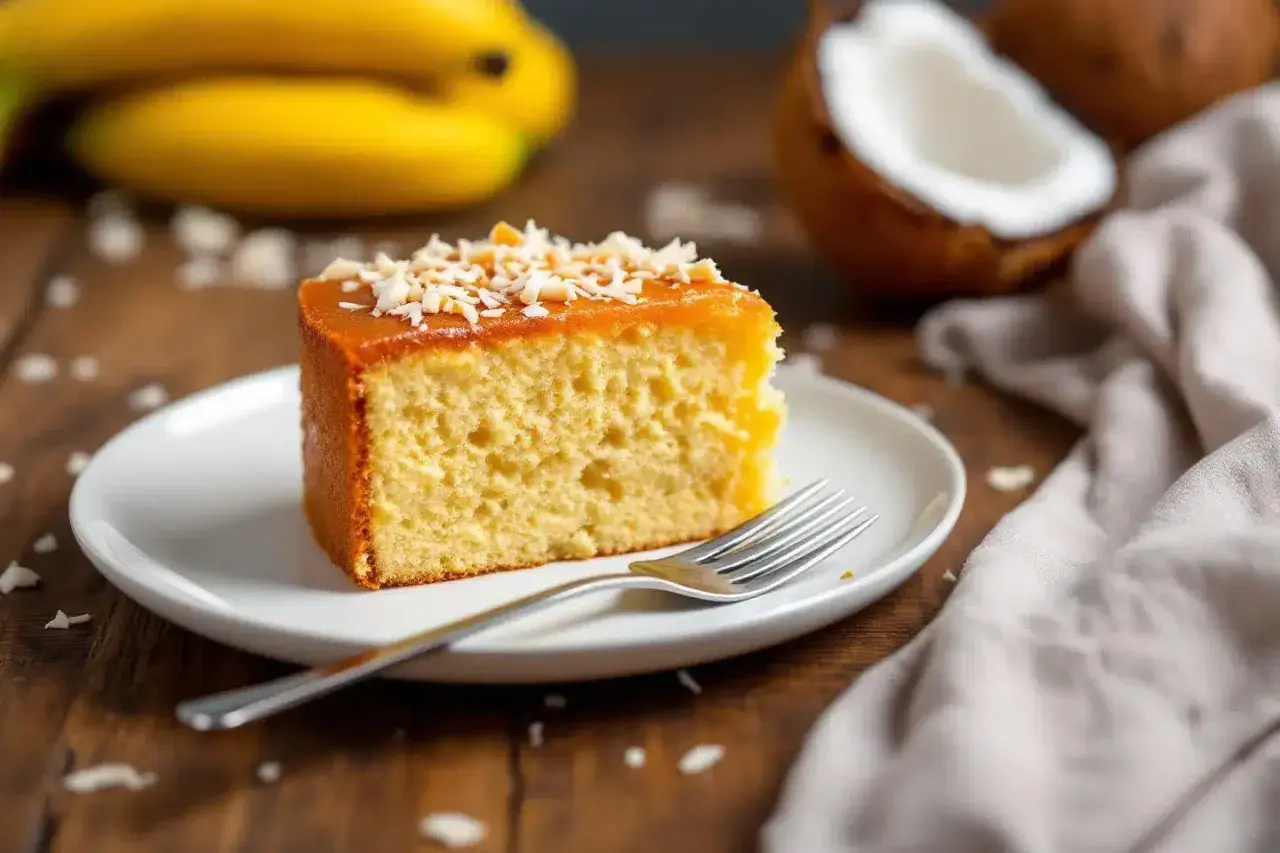Tranche de moelleux gâteau banane sans lait, garnie de noix de coco râpée et d'un glaçage doré. Des bananes et de la noix de coco sont visibles en arrière-plan.