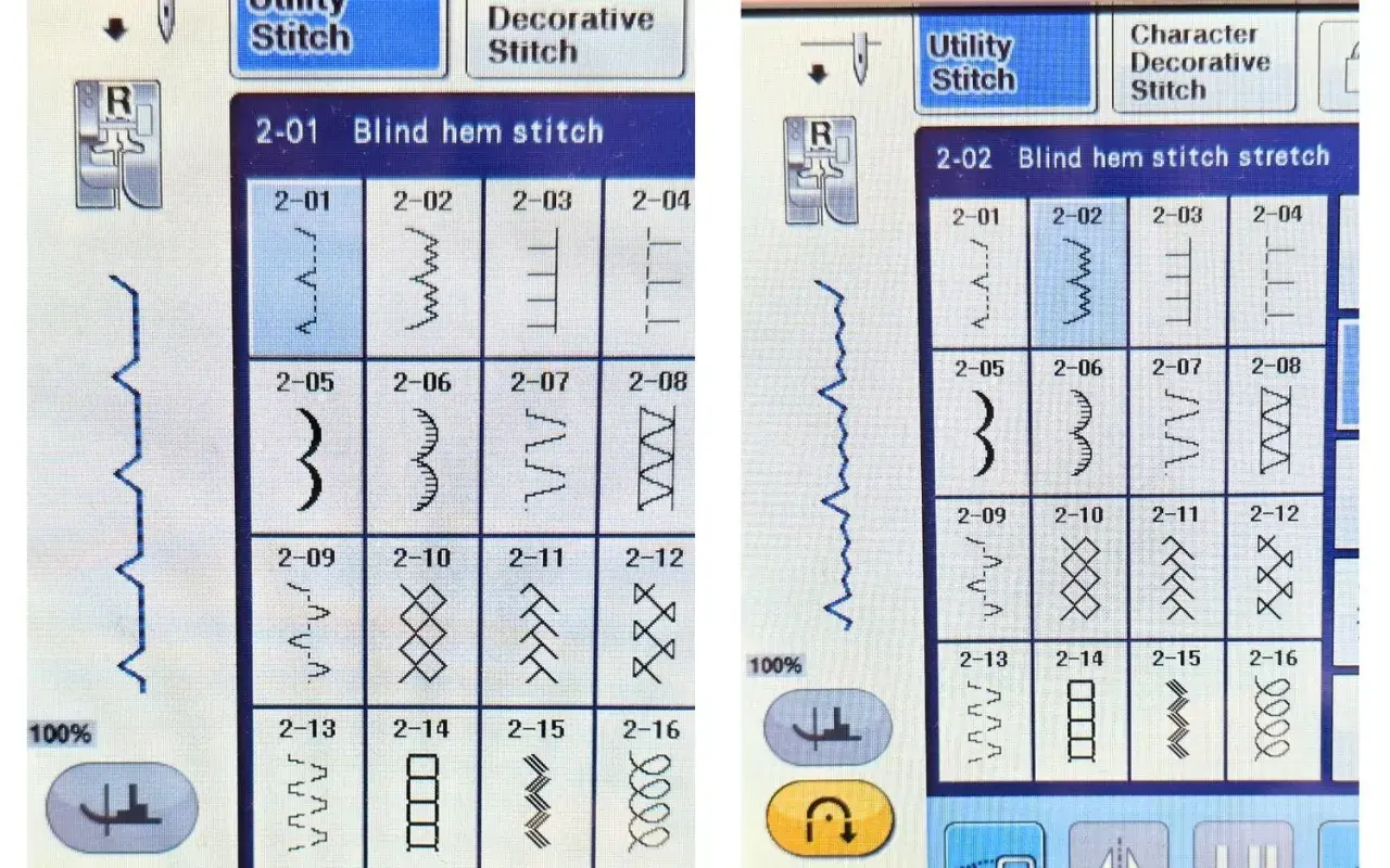 Sewing machine screen showing various blind hem stitch options. Learn how to use a blind hem foot for invisible stitches.
