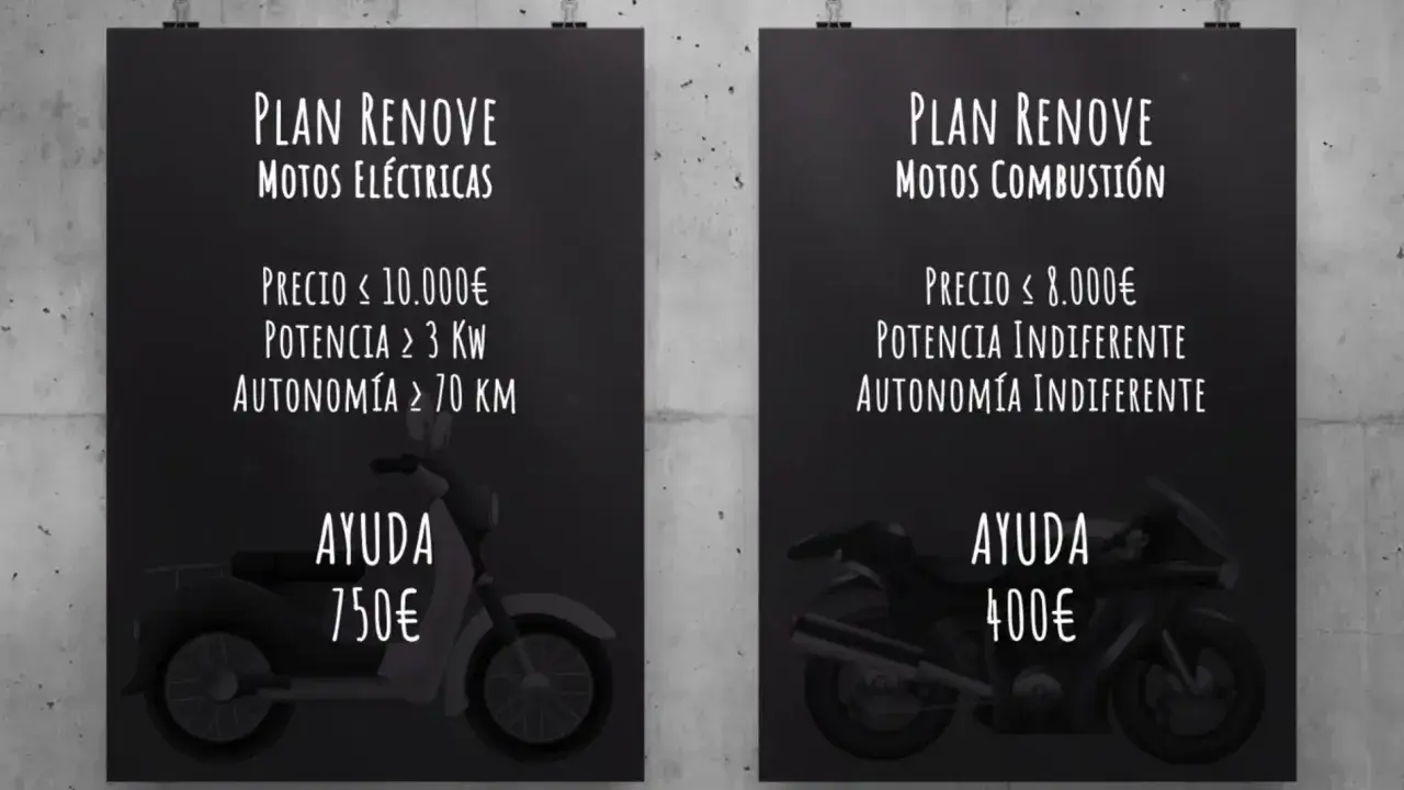 Plan Renove motos: ayuda de 750€ para eléctricas (precio ≤ 10.000€, potencia ≥ 3 KW, autonomía ≥ 70 KM) y 400€ para combustión (precio ≤ 8.000€).