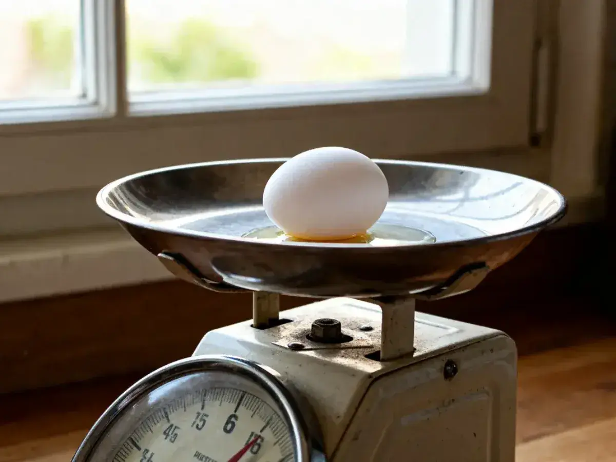Un œuf blanc sur une balance ancienne, prêt à être pesé. Le poids blanc d'œuf est sur le plateau métallique.