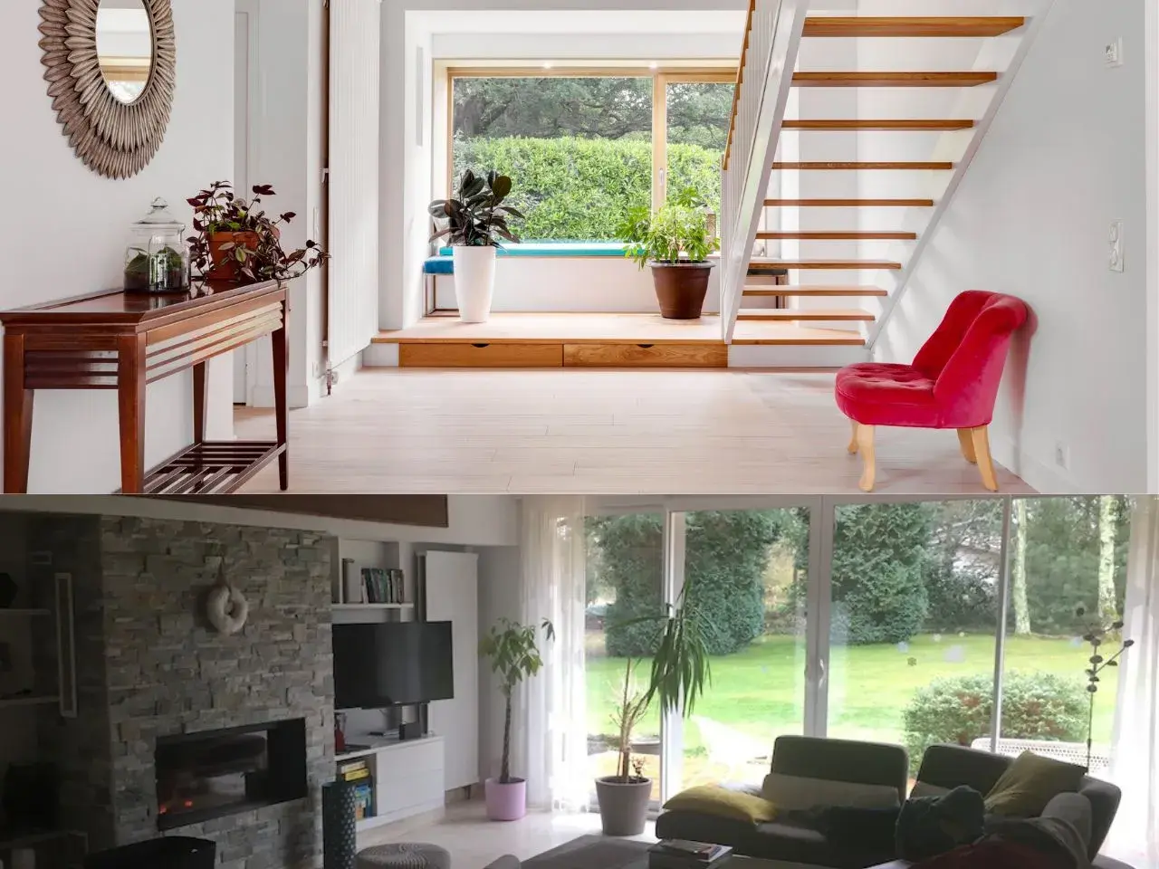 Avant/après rénovation maison : entrée lumineuse avec escalier moderne et salon cosy donnant sur jardin verdoyant.
