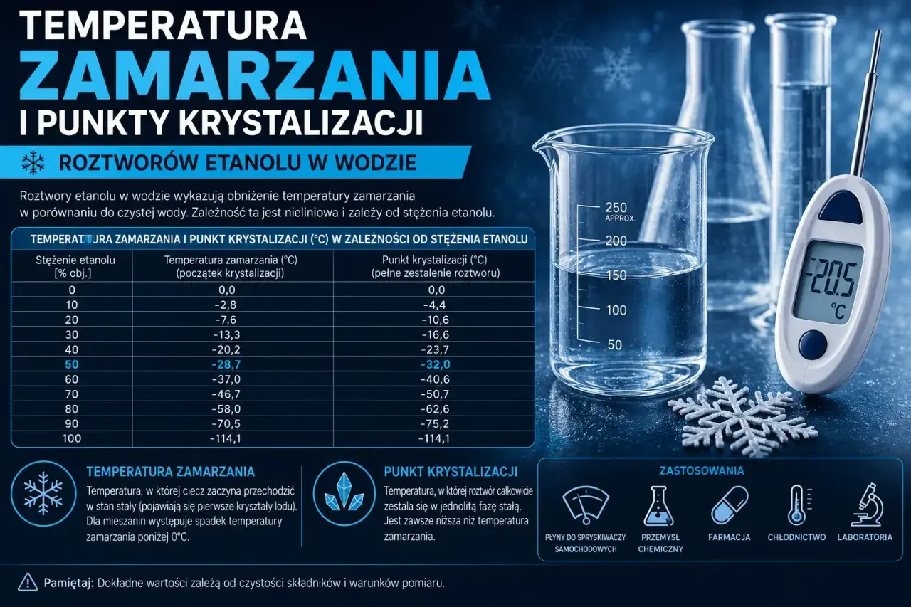Tabela pokazuje, w jakiej temperaturze zamarza wódka (roztwór etanolu w wodzie) w zależności od stężenia. Np. 50% etanol zamarza przy -28,7°C.