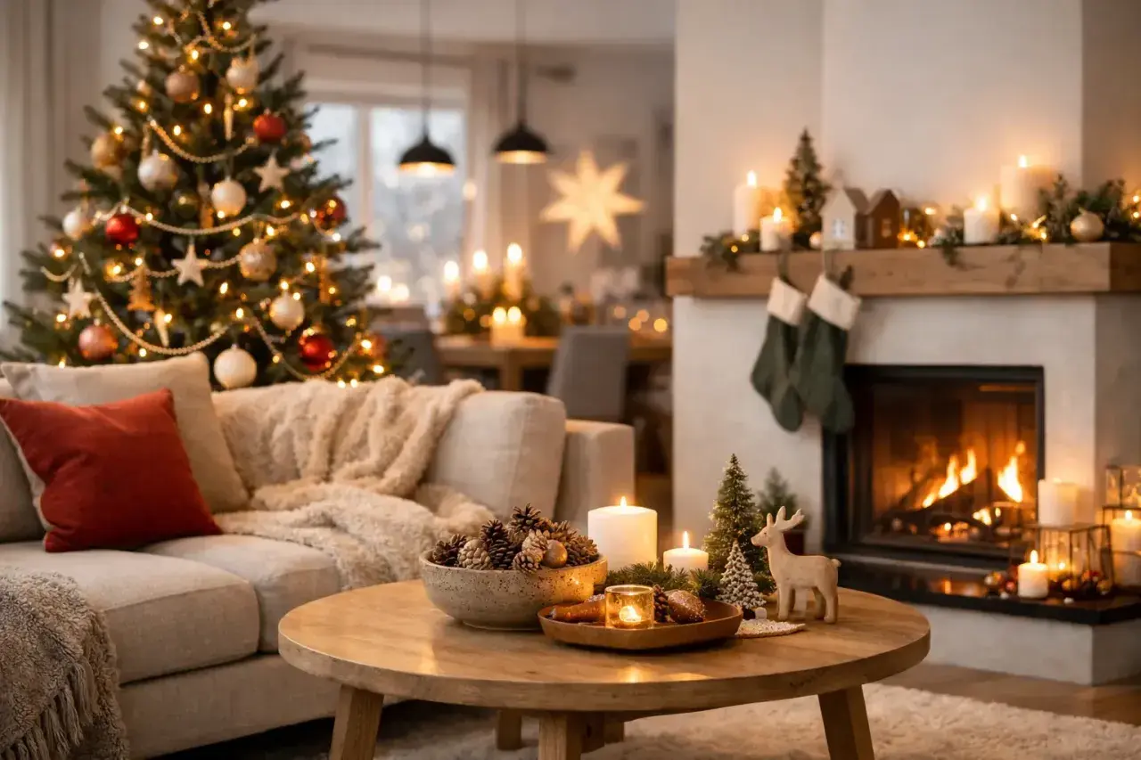 Mysig inredning jul med tänd brasa, julgran och levande ljus. En varm och inbjudande atmosfär.