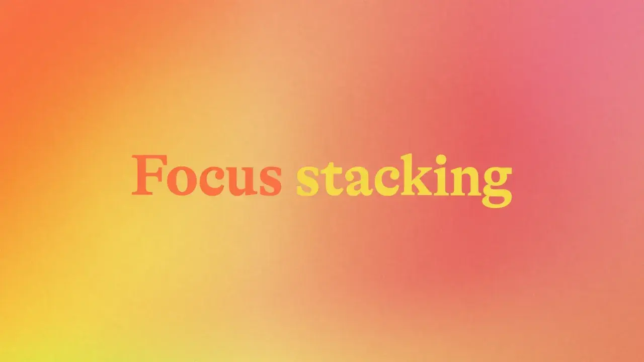 Napis "Focus stacking" na tle gradientu od pomarańczowego do różowego. Technika ta pozwala uzyskać ostrość na całym kadrze.