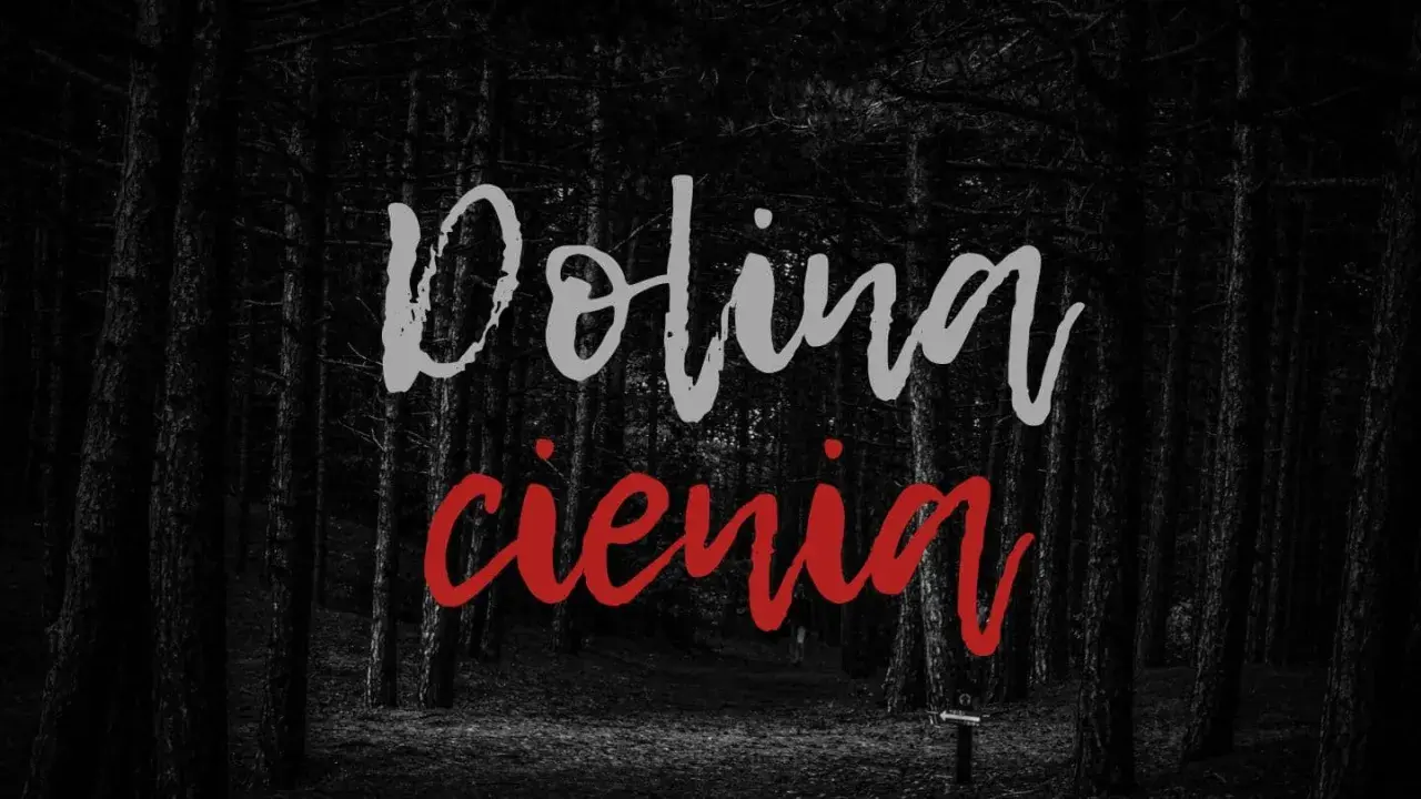 Mroczny las, gdzie nawet w **psalm 23:4** nie ma cienia zła. Napis "Dolina cienia" wzywa do odwagi.