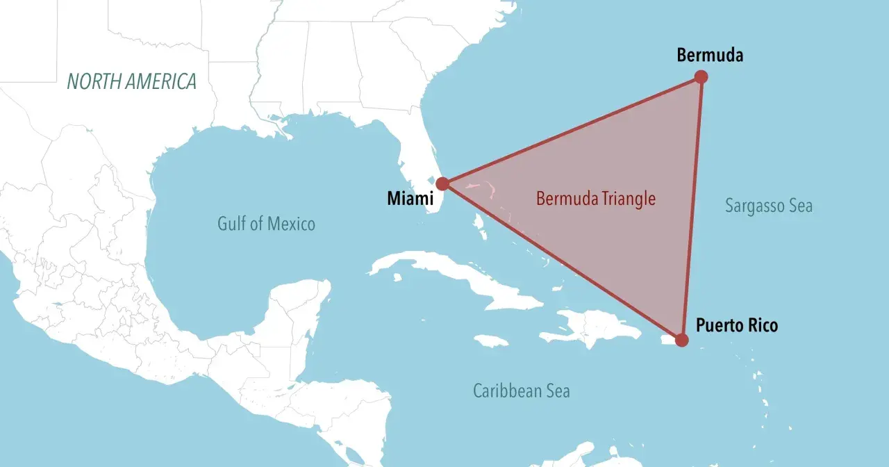 Mapa pokazuje, gdzie znajduje się trójkąt bermudzki: między Miami, Bermudami i Puerto Rico.