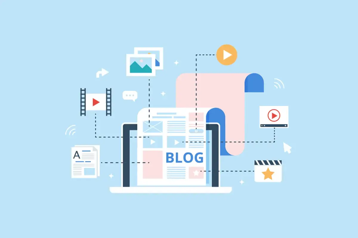 Ilustracja pokazuje, jak wygląda blog: laptop z napisem "BLOG", obok zdjęcia, filmy, ikony komentarzy i artykułów.