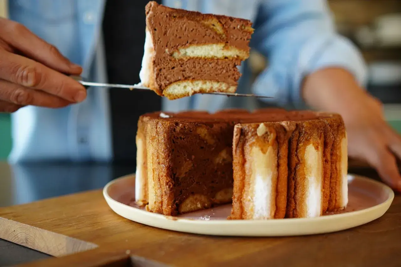 Une part de charlotte tiramisu, aérienne et chocolatée, est prélevée d'un gâteau entier.