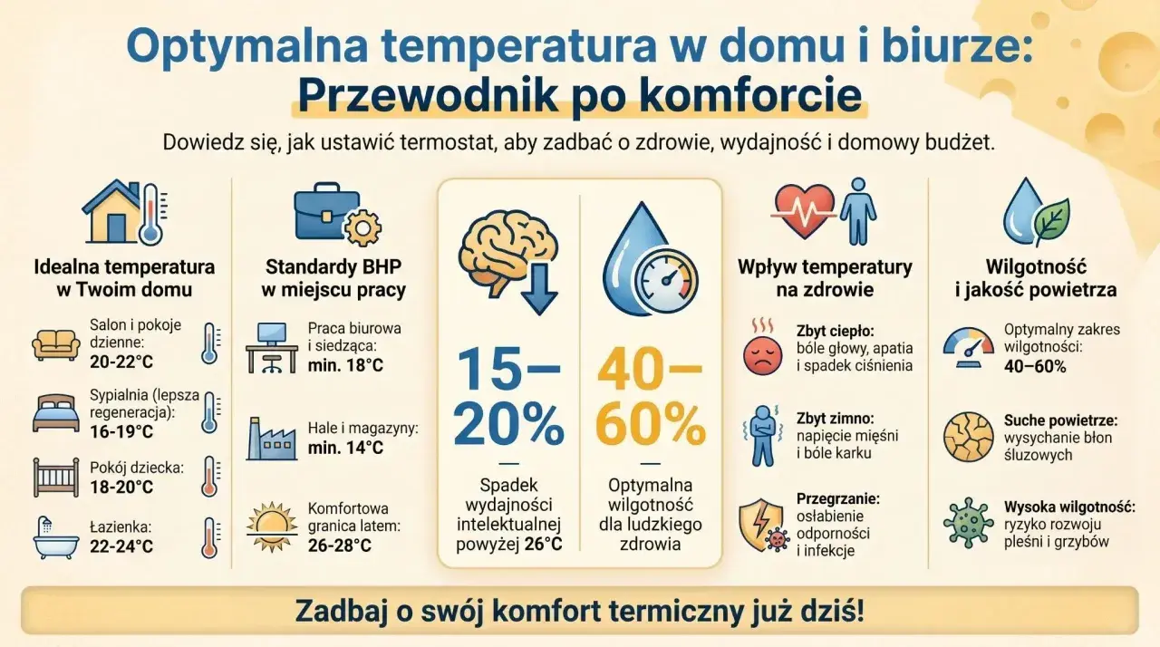 Jaka temperatura w domu jest optymalna? Poradnik pokazuje idealne wartości dla salonu (20-22°C), sypialni (16-19°C), pokoju dziecka (18-20°C) i łazienki (22-24°C).
