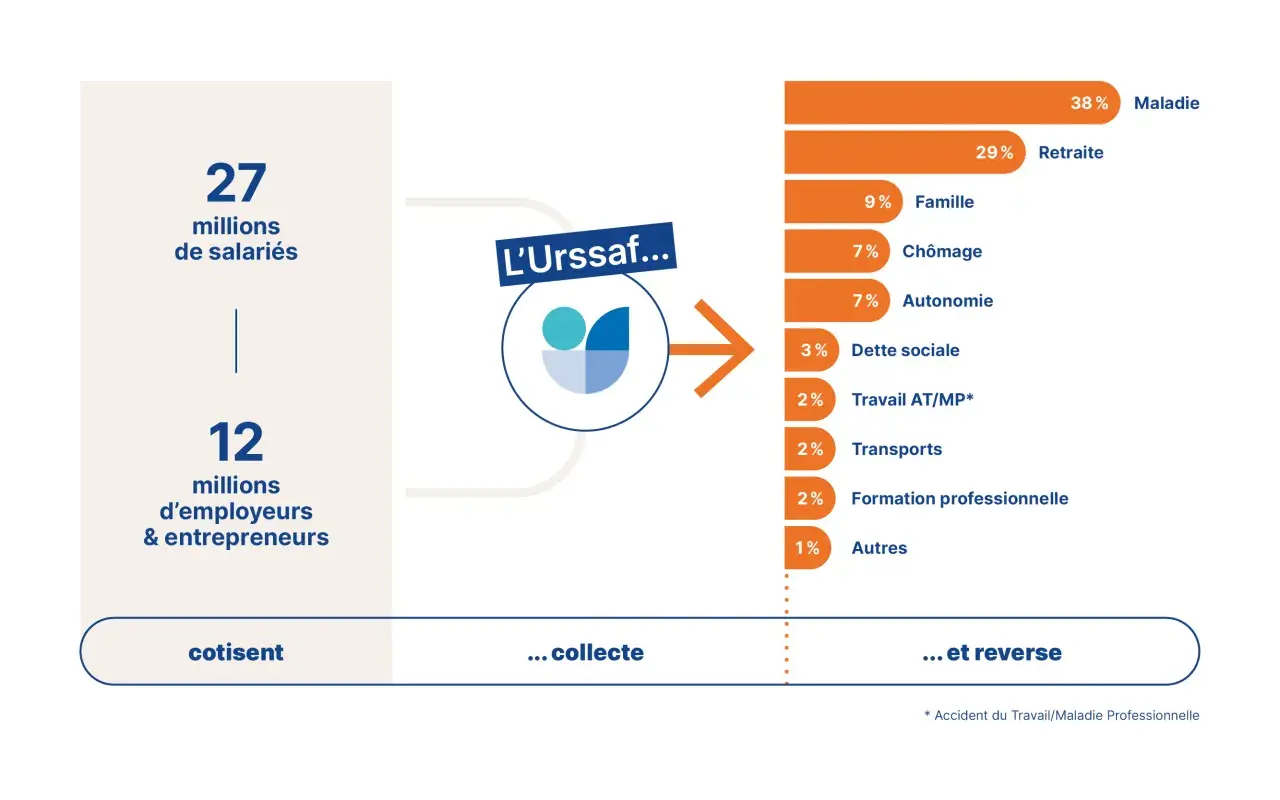 Infographie montrant la répartition des cotisations collectées par l'Urssaf, avec l'inscription "privilège Urssaf" suggérant l'importance de ce système.