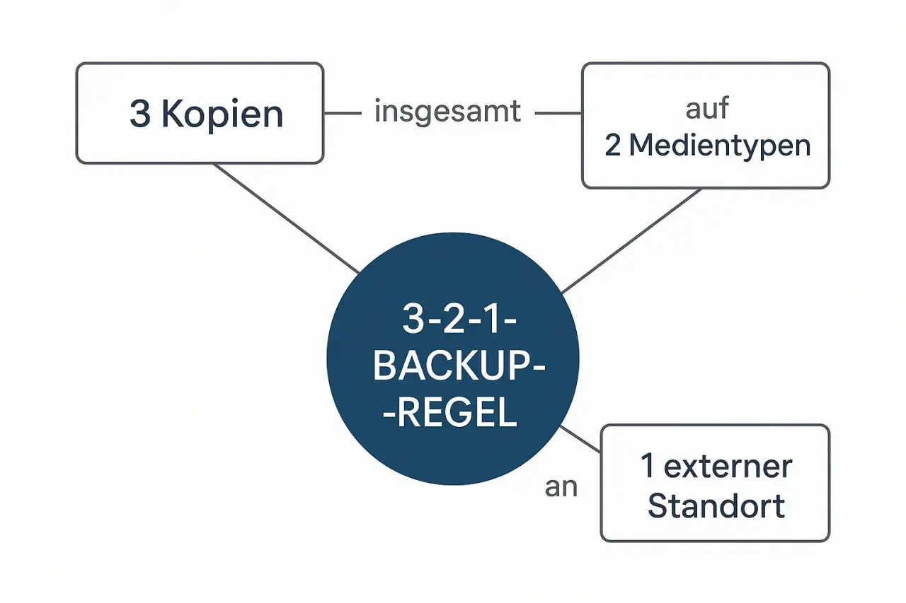 Die 3-2-1-Backup-Regel: 3 Kopien auf 2 Medientypen, davon 1 externer Standort. So sichern Sie Ihre Daten automatisch.
