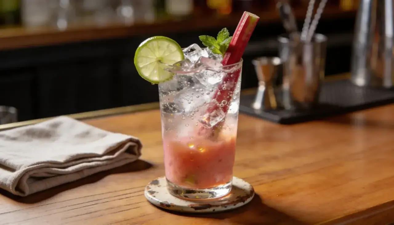 En uppfriskande rabarber mojito med lime, mynta och is på en träbar.
