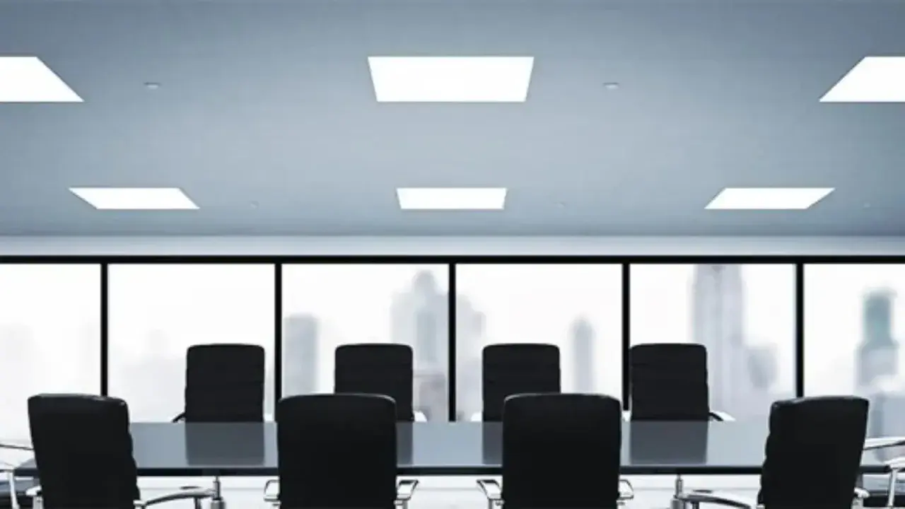 Sala de juntas moderna con mesa y sillas negras, iluminada por un panel led techo.
