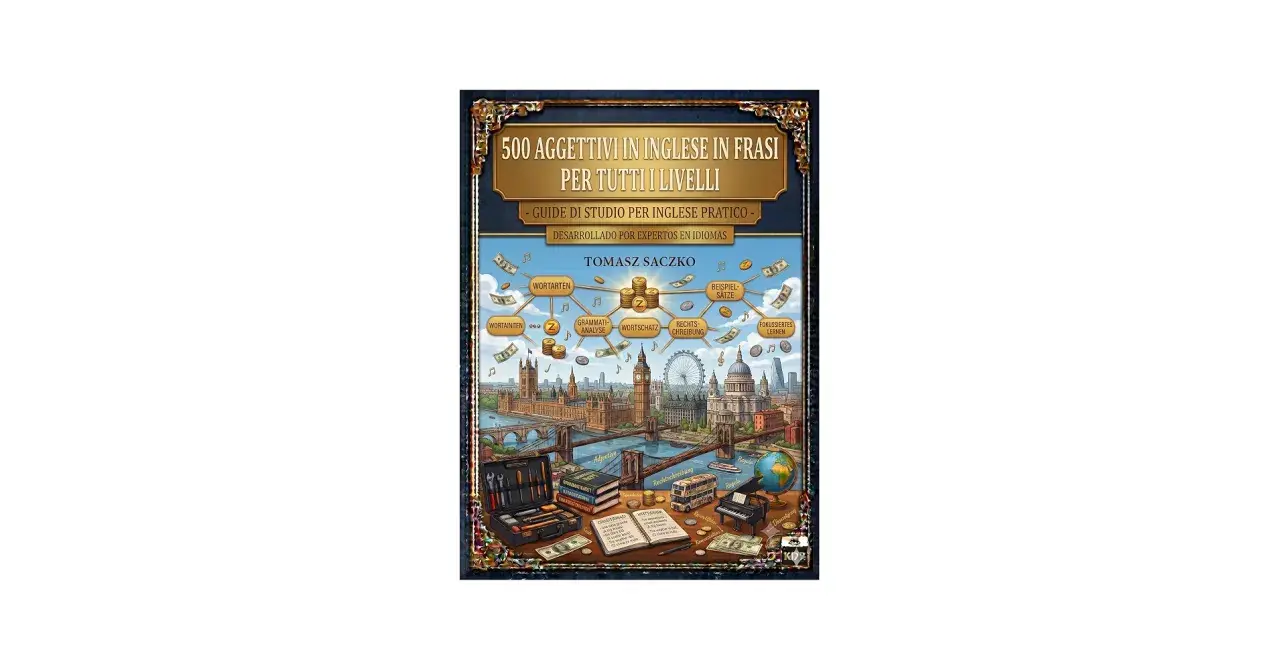 Copertina libro "500 aggettivi in inglese in frasi", con Londra sullo sfondo. Utile per imparare aggettivi in inglese con la l.